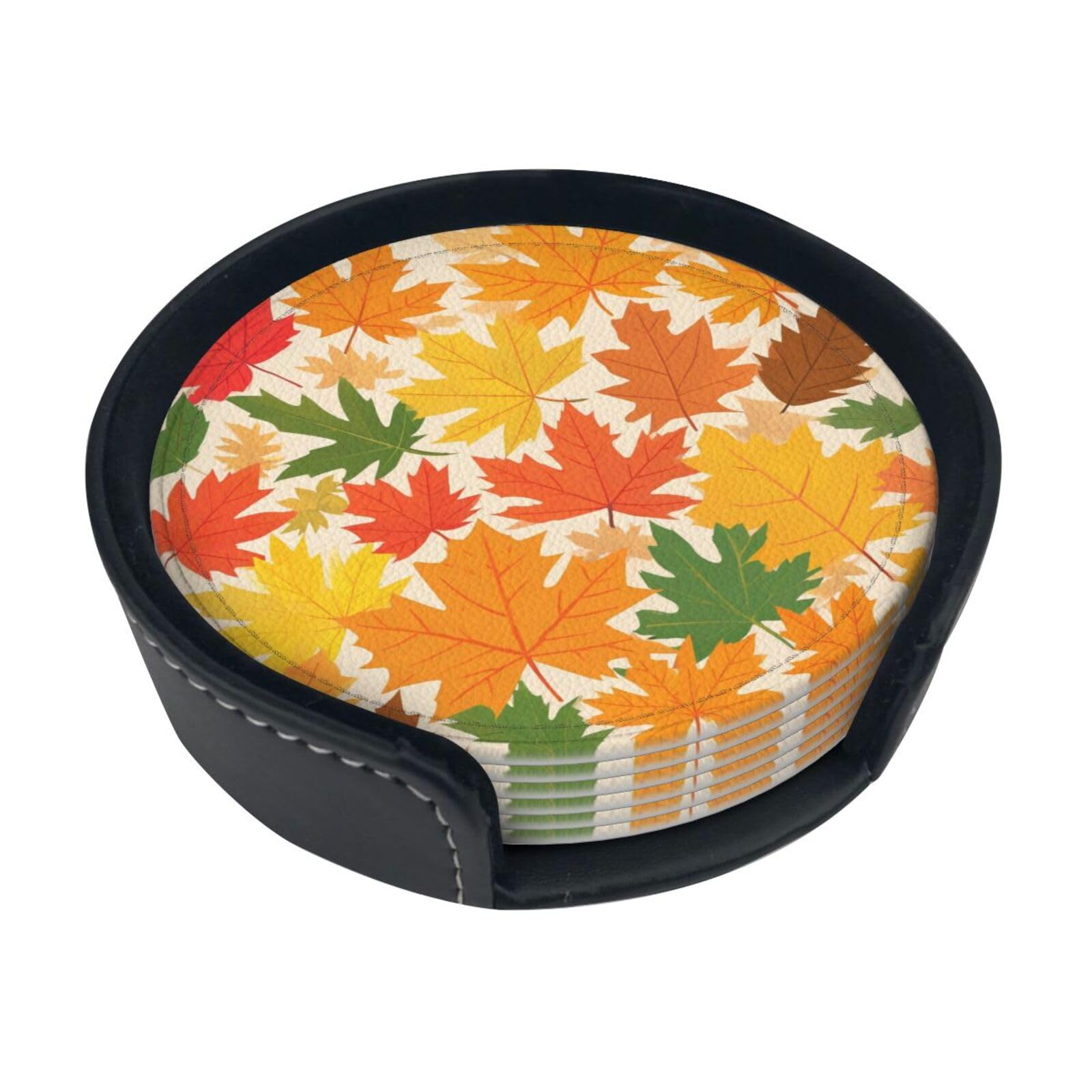 Color Leaf Leather Coasters-Set of 6 with Storage Holder