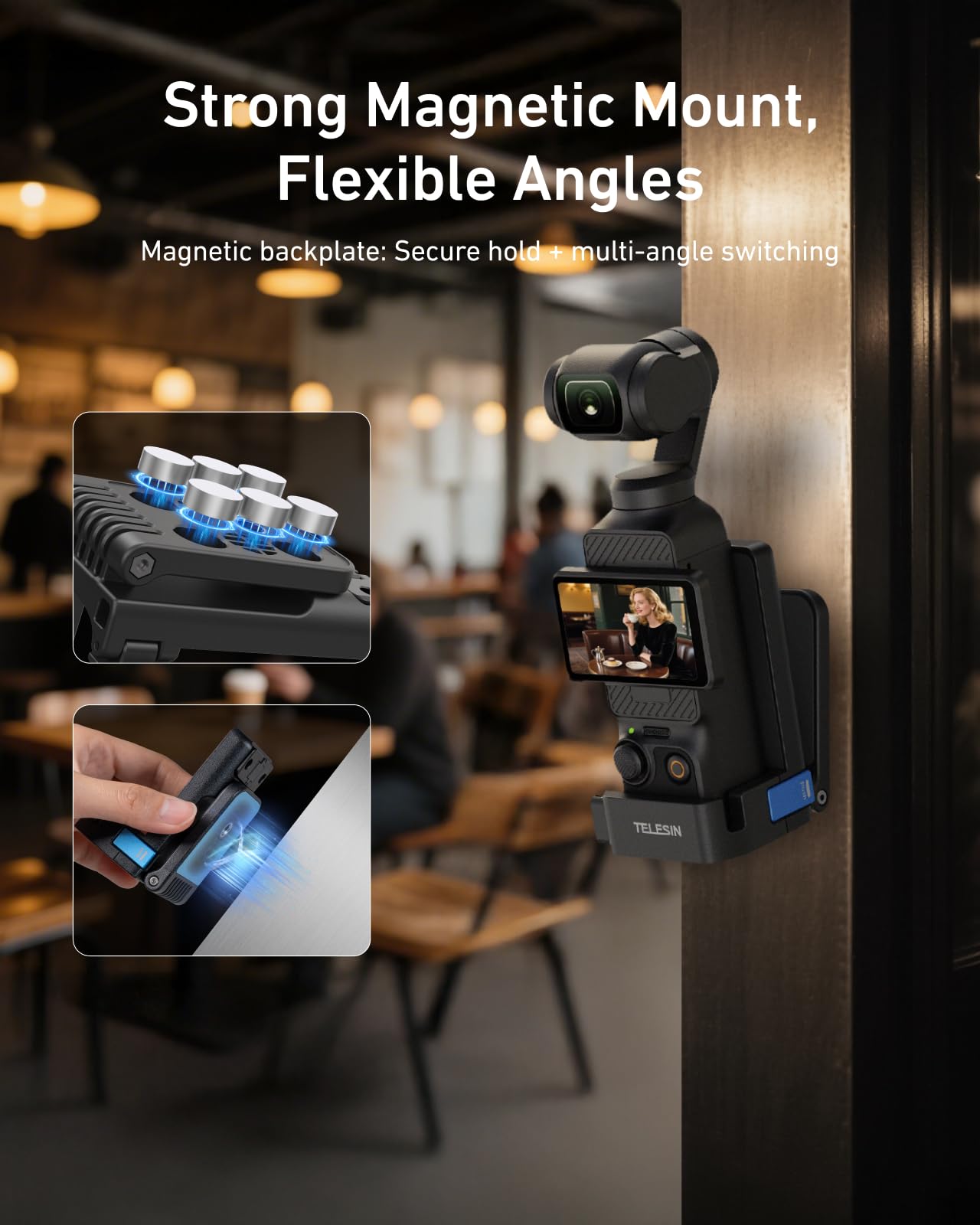 TELESIN Pocket 4 3 Soporte magnético, Adaptador de expansión, Accesorio para dji Osmo Pocket 4 3, 180°, Mango Ajustable, Soporte de Metal con Orificio roscado de 1/4 Pulgadas y Soporte para Zapata