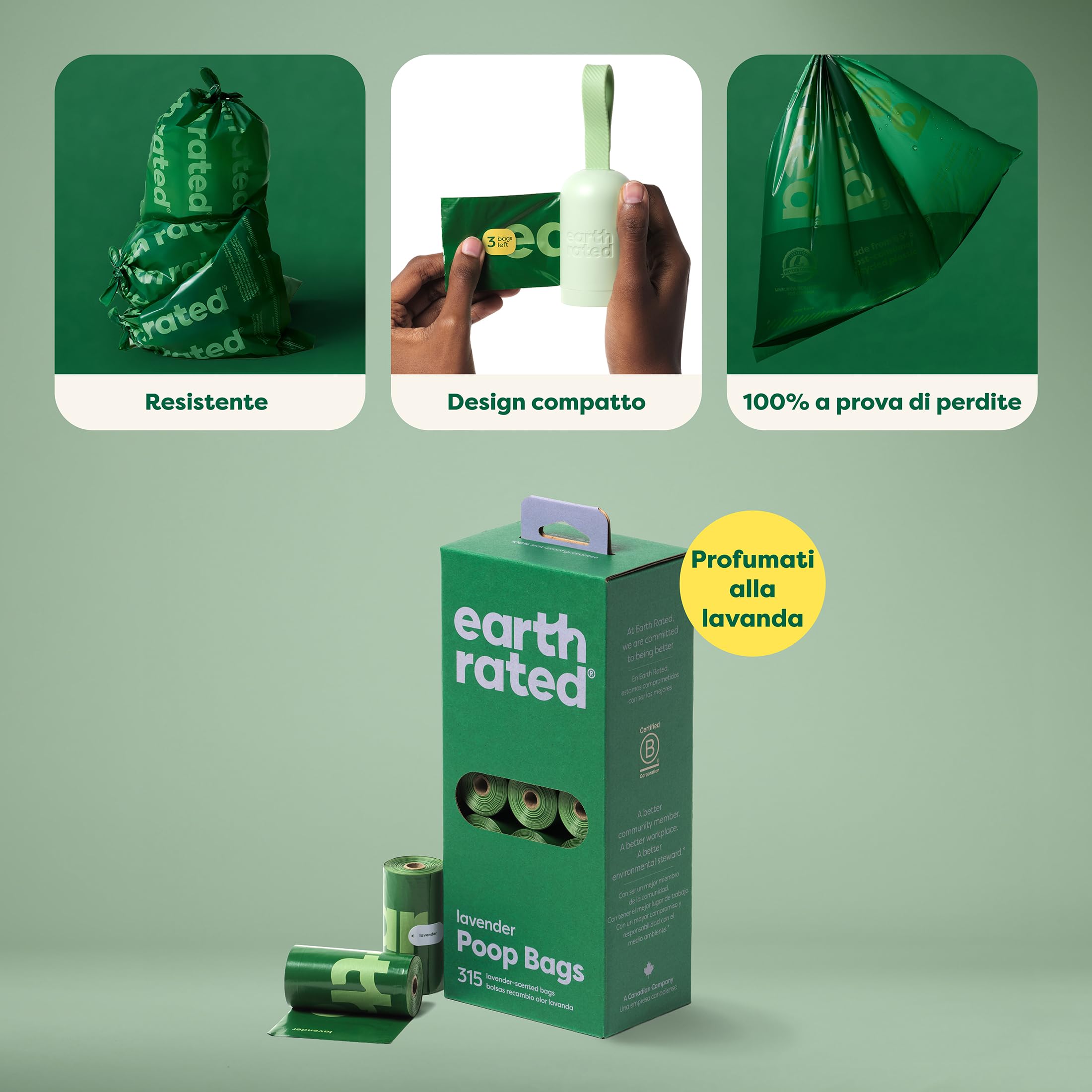 Earth Rated - Sacchetti igienici per cani - Sacchetti per escrementi animali a prova di perdite ed extra spessi, per cani grandi e piccoli - Rotoli di ricarica - Profumati alla lavanda - 315 pezzi