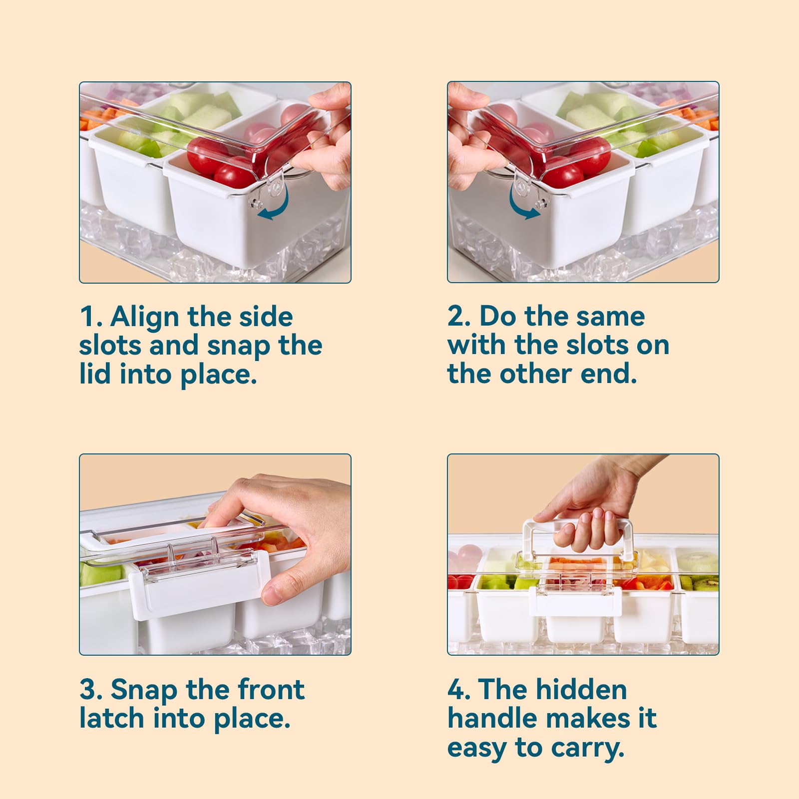 Lot de 2 plateaux à condiments réfrigérés avec 5 compartiments amovibles et poignée cachée, organisateur de condiments glacés, plateau de service transparent pour camping, fruits, salade