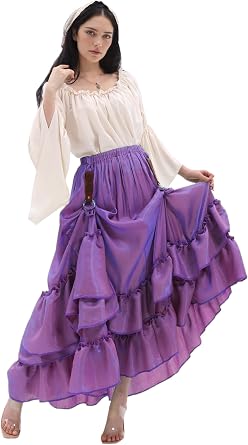 Womens Ruffle Layered Maxi Skirt with Hikes Medieval Flowy Fairy Skirts Victorian