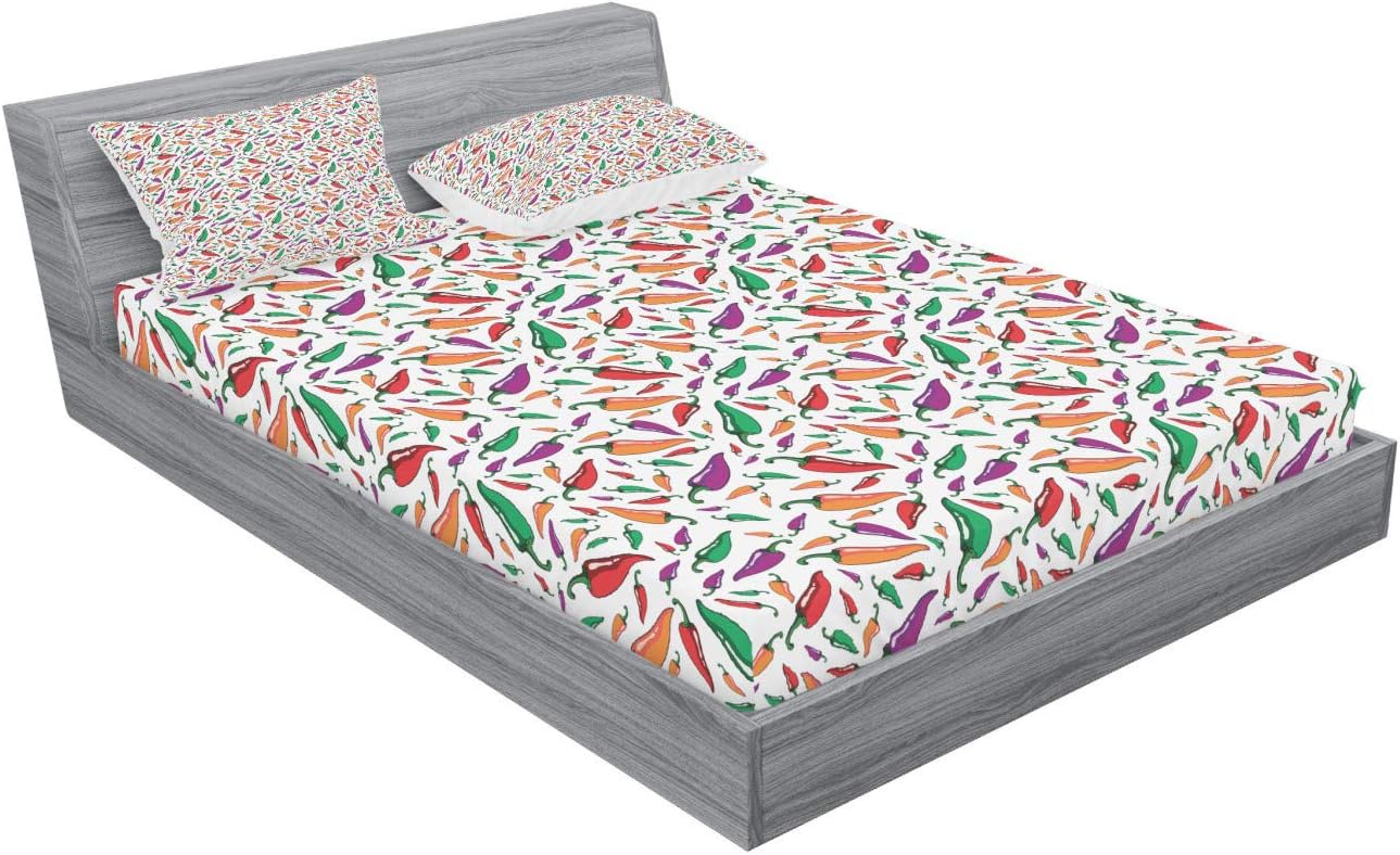 Ambesonne Peppers Fitted Sheet & Pillow Sham Set, Hot Chili Mexican Cusine in Cartoon Style Arrangement of Vegetables Kitchen Graphic, Decorative Printed 3 Piece Bedding Decor Set, Full, Multicolor