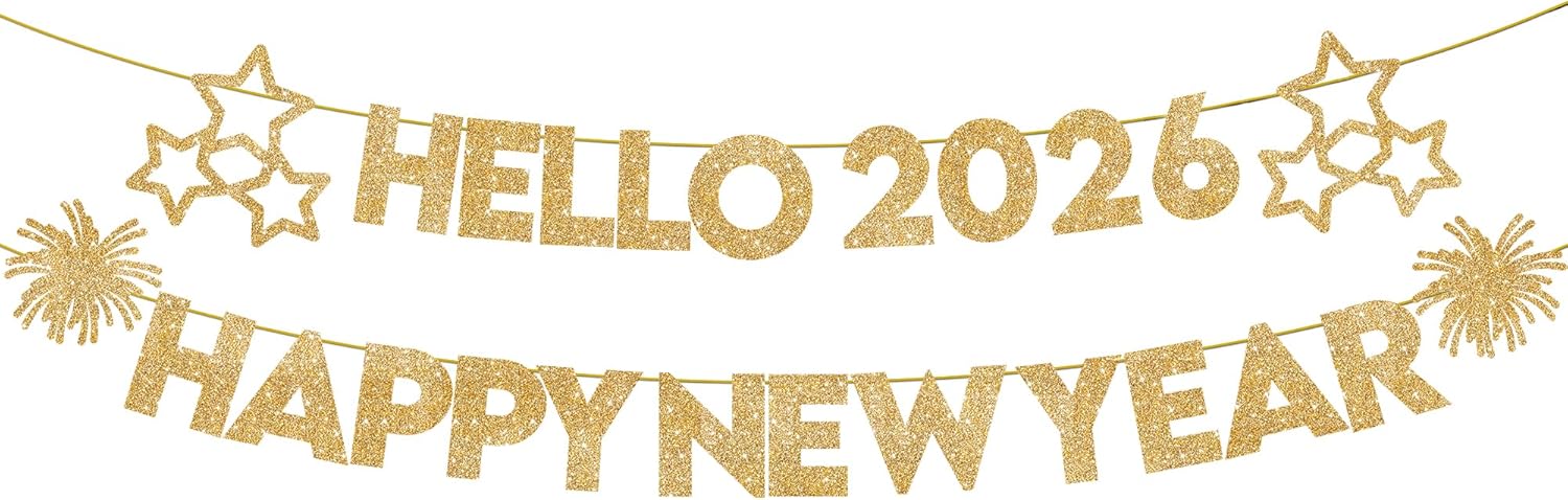 KatchOn, Glitter Gold Happy New Year Banner 2026-10 Feet, No DIY | Hello 2026 Banners for Happy New Year Decorations 2026 | New Years Banner, New Years Eve Party Supplies 2026 | NYE Decorations 2026