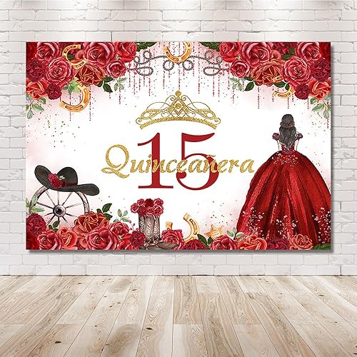 Miniatura 6 de MEHOFOND Telón de fondo de quinceañera de cumpleaños de 15 para niña, dulce de 15 años, corona floral roja, fondo de fotografía, fondo de fotografía