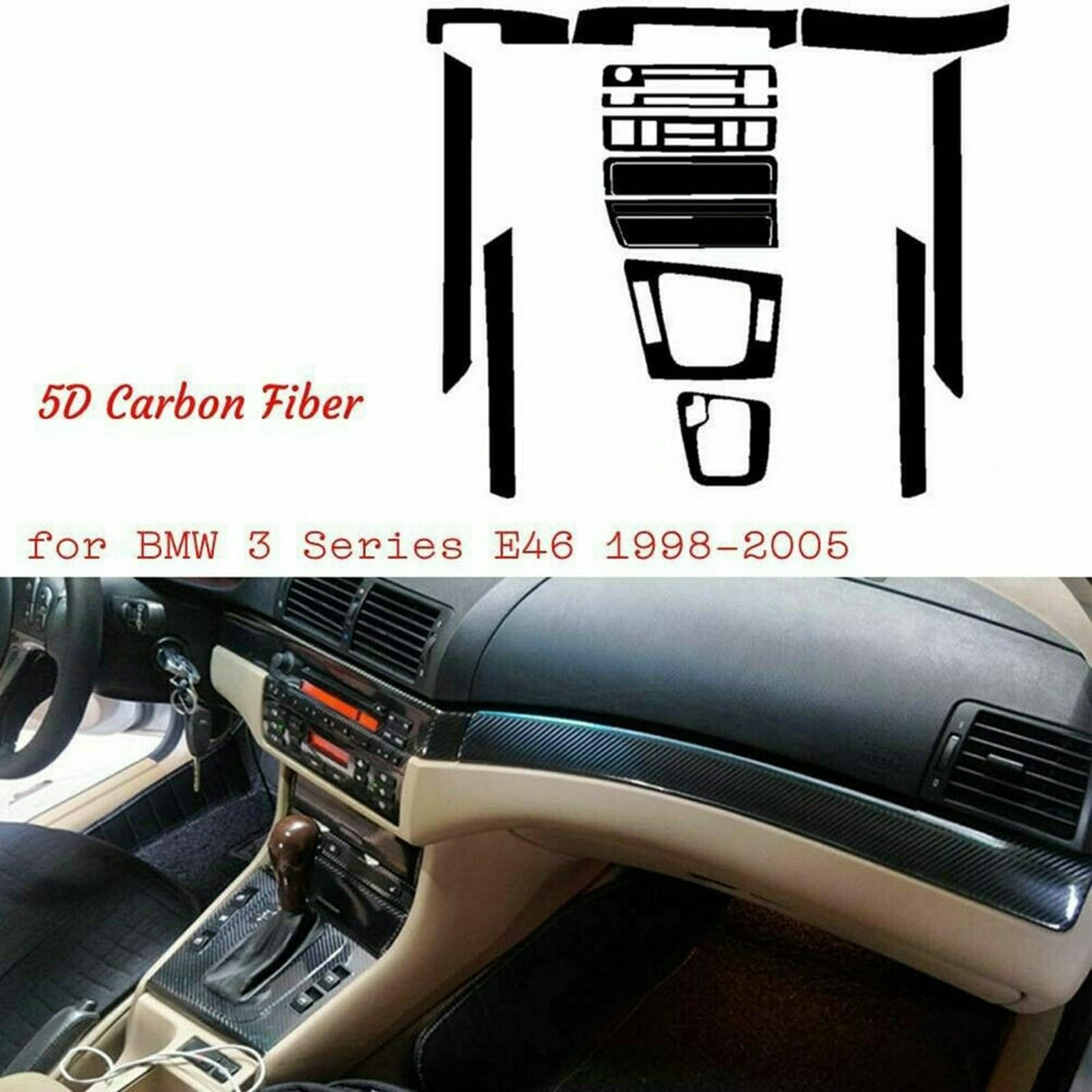NexRen Adhesivo de fibra de carbono 5D para BMW Serie 3 E46 1998-2005, para interior de coche, acabado brillante de fibra de carbono, interior para salpicadero
