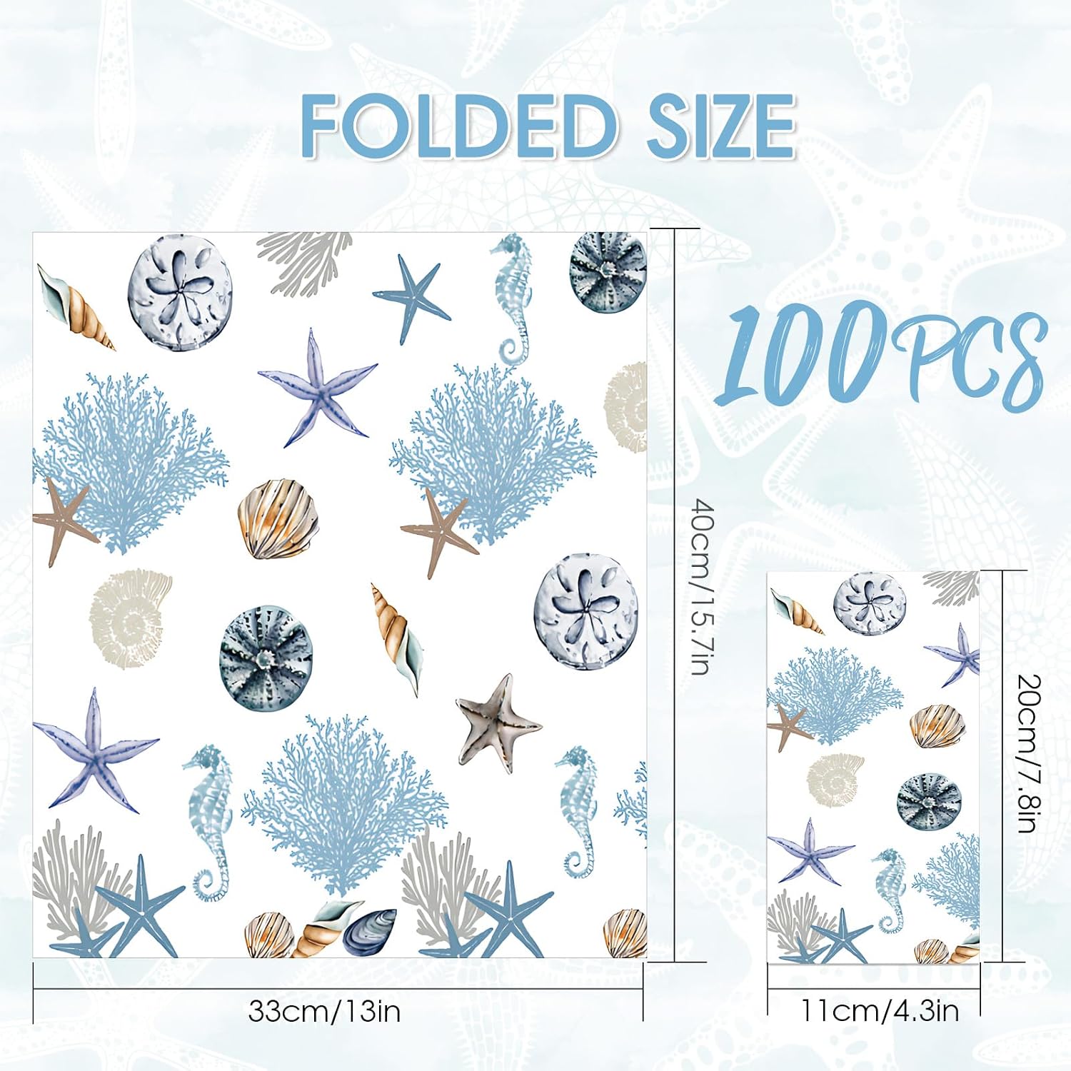 100Pcs Paper Guest Napkins Disposable Under the Sea Starfish Shell Seahorse Decorative Paper Hand Towels for Bathroom Kitchen Holiday Summer Ocean Theme Party Wedding Bridal & Baby Shower image 2