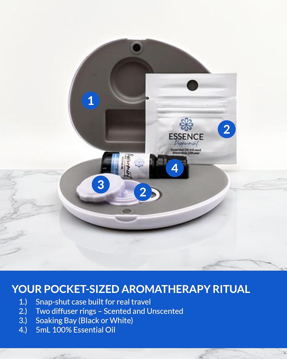 Essence Pearl Travel Case - Wearable Aromatherapy Kit with Nasal Diffuser Rings, Soaking Bay, and 5mL Essential Oil – Portable Wellness Gift Set for On?The?Go Self Care