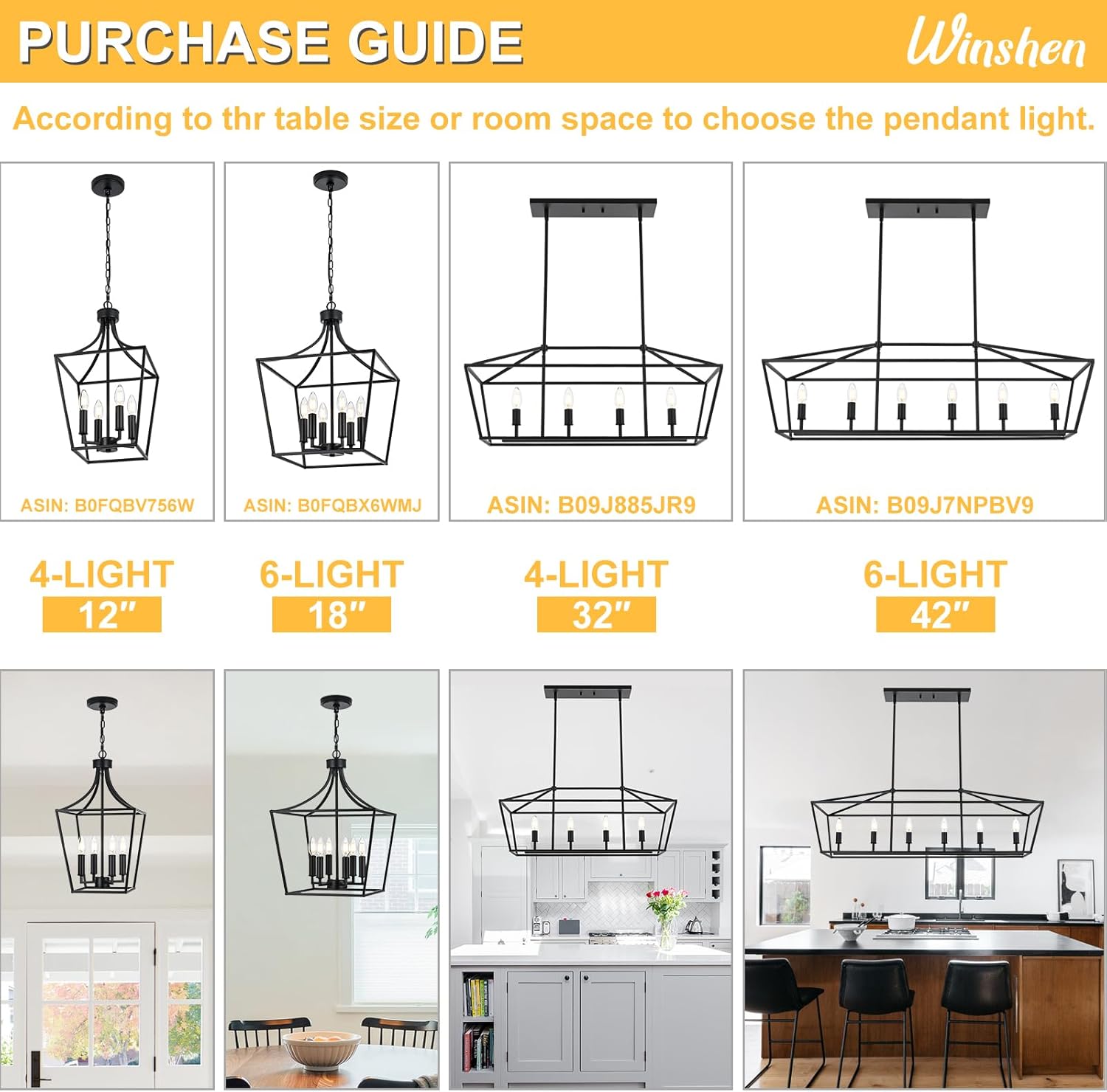 Black 6-Lights Pendant Light & 4-Lights Kitchen Island Light