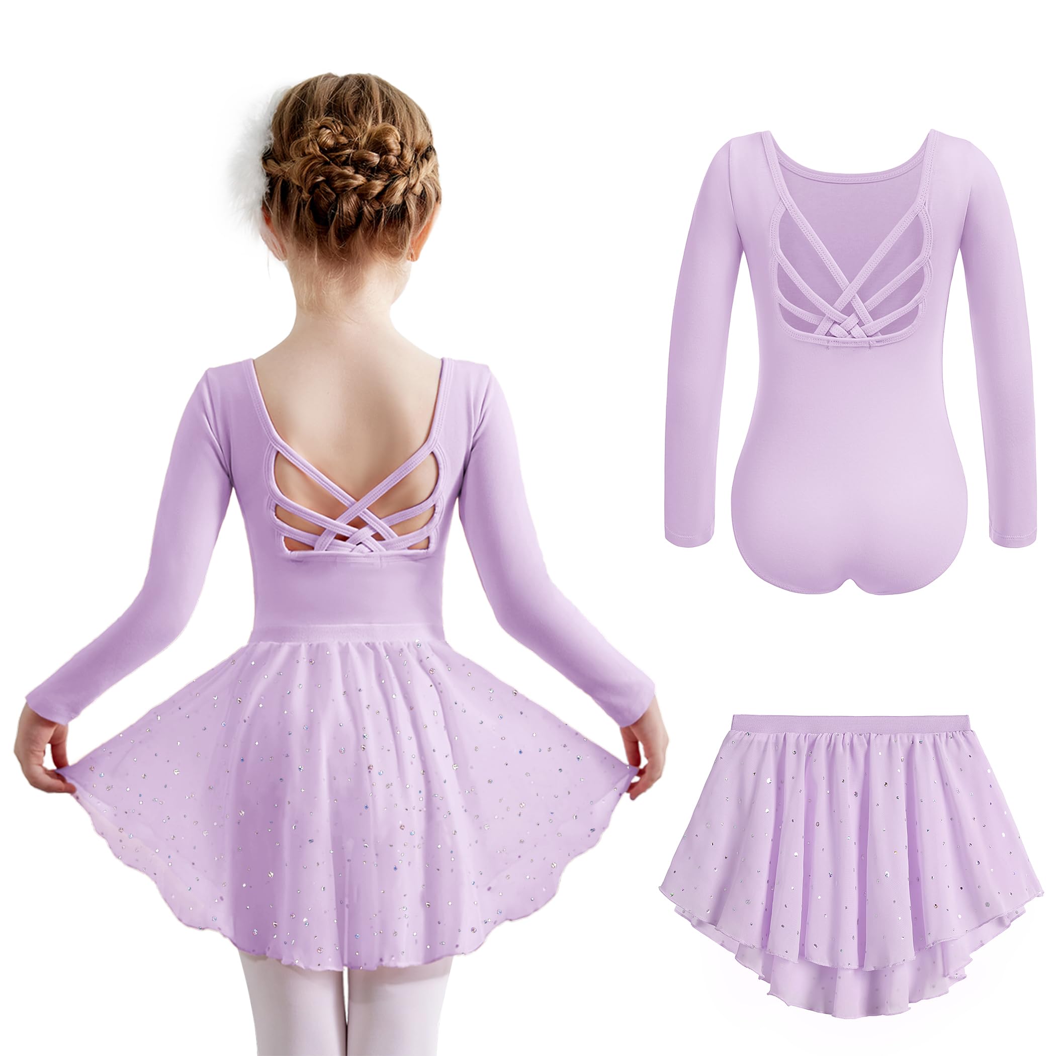 Arshiner Vestido de Ballet de Manga Larga para Niñas 2-10 Años Vestido de Danza de Algodón de Dos Piezas Leotardo de Ballet Sin Espalda con Tutú Leotardo de Danza Vestido de Bailarina para Niños