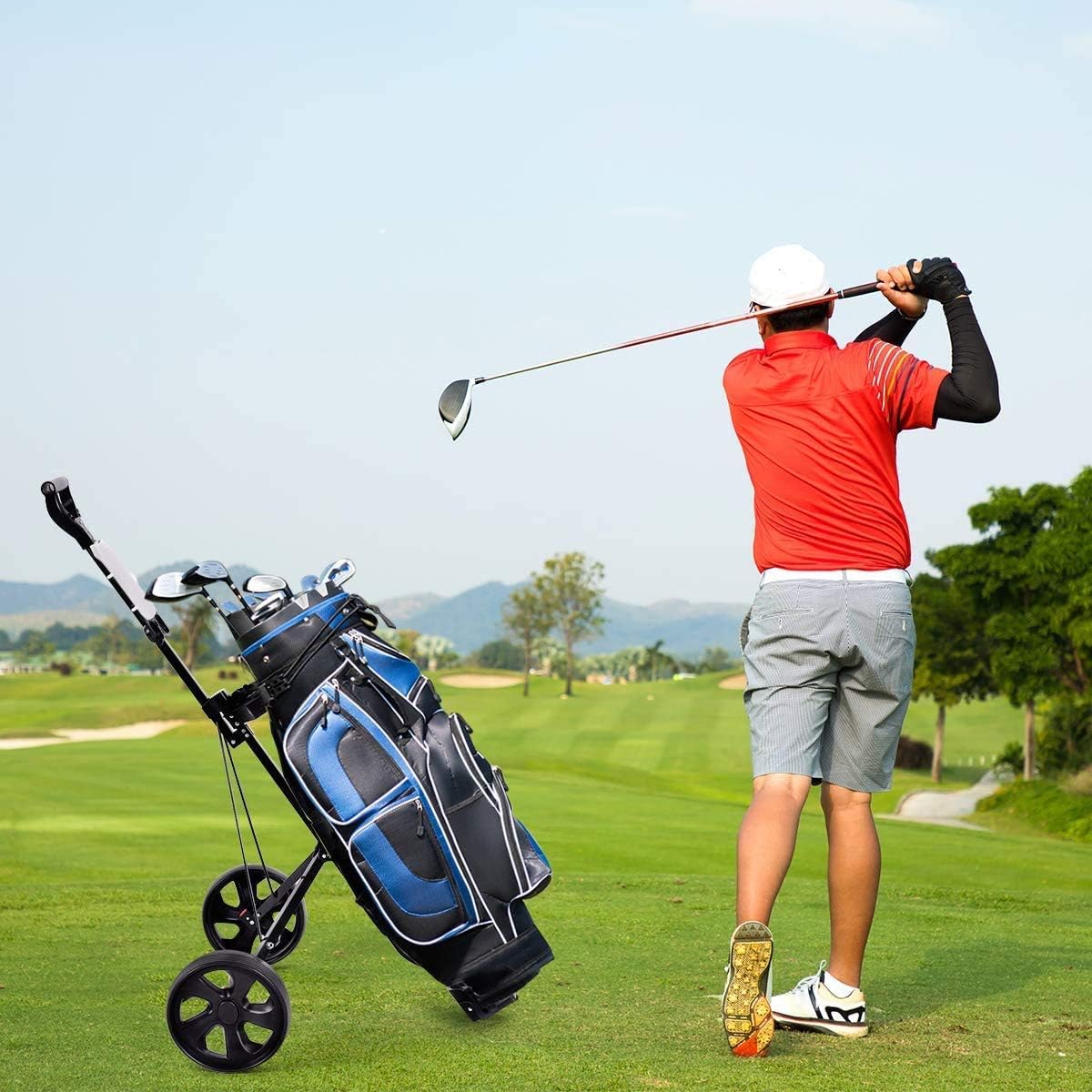 Golf Push Cart 2 Wheel Push Pull Golf Cart- Foot Brake, Lightweight Golf Cart Trolley Swivel Steel Light, Enhances Effortless Mobility and Storage