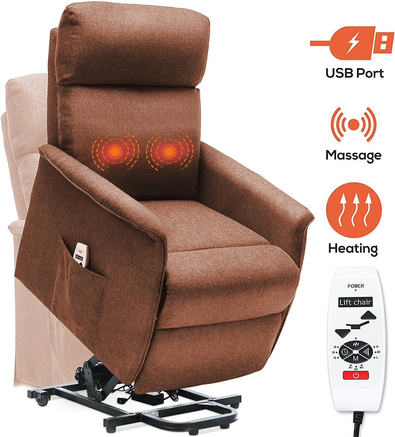 ERGOREAL Lift Chair, Power Lift Recliner with Heat and Massage Functions, Remote-Controlled Power Lift Chair for The Elderly (Brown)
