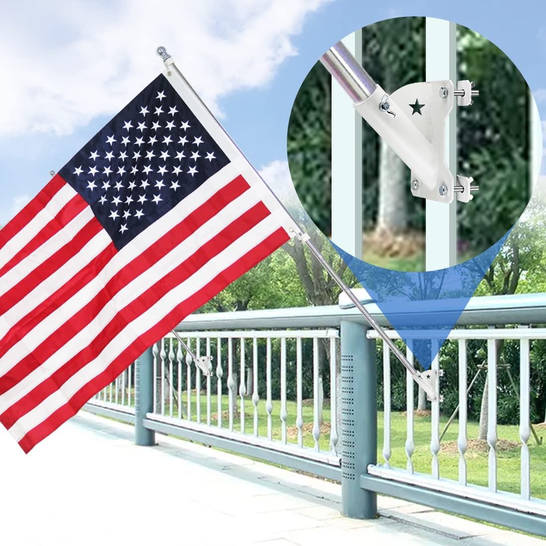 Flag Pole Bracket for 1" Dia Flag Pole Mount, Heavy Duty Carbon Steel, Black, Wall Mount, 45 Degree Angle, Includes Mounting Hardware