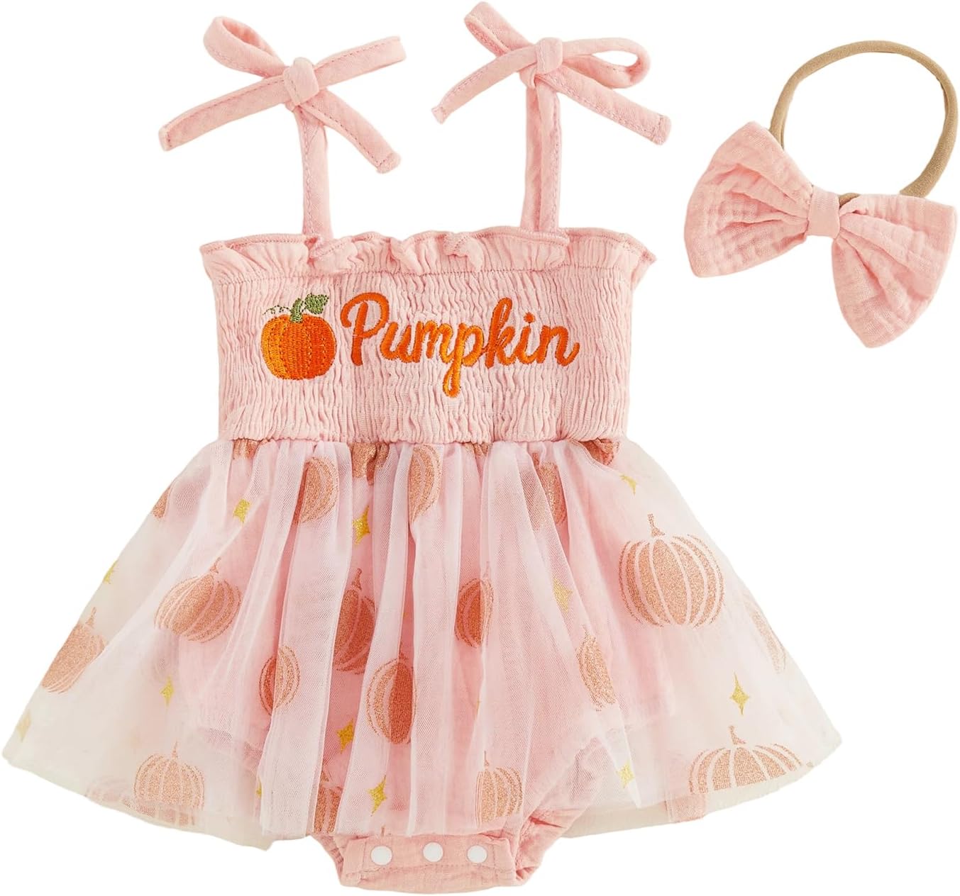 BeQeuewll Baby Girl Halloween Outfit Newborn Smocked Romper Dress Spaghetti Straps Tutu Bodysuit Baby Pumpkin Outfits 0-18M