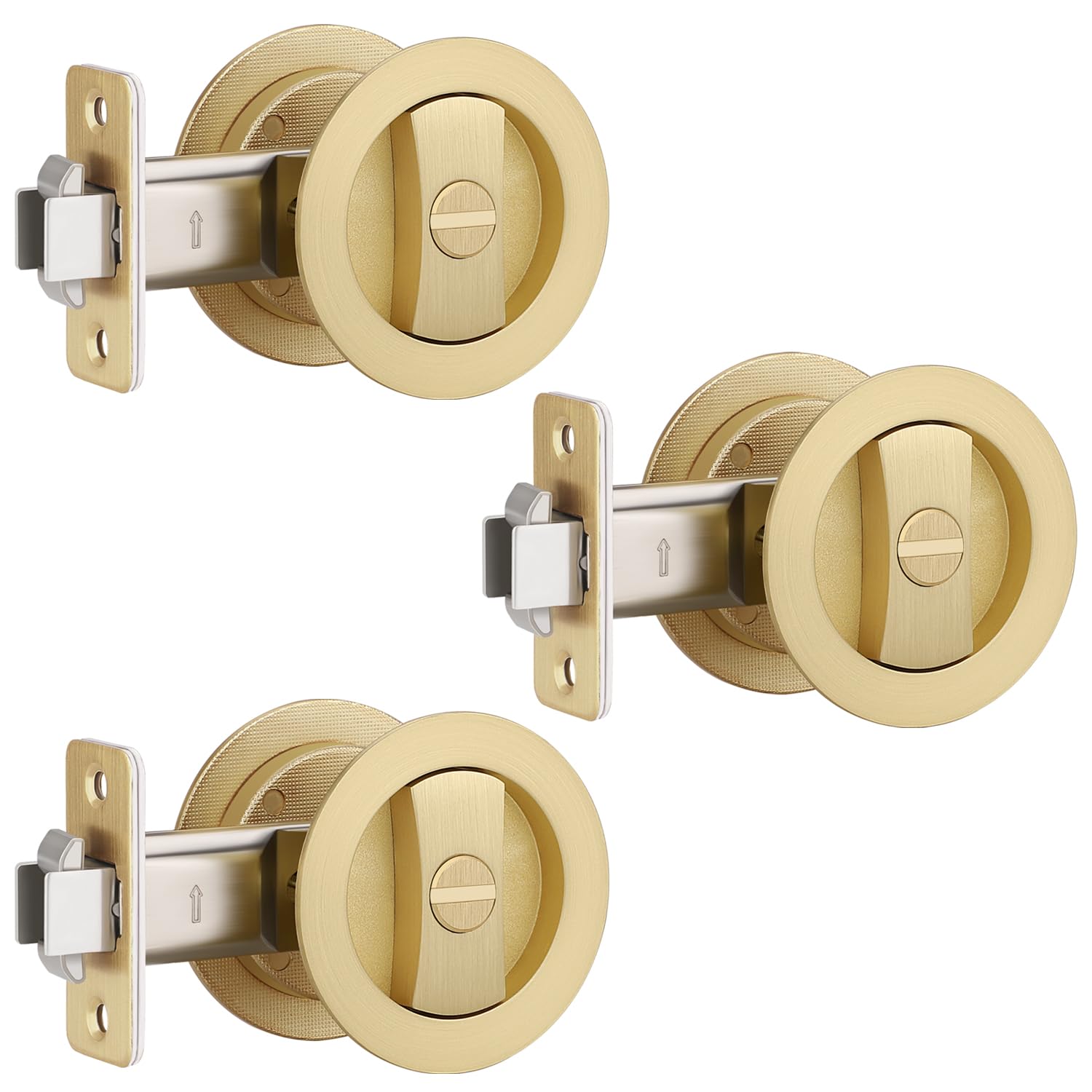 EHOMEWARE 3 Pack Pocket Door Handles Interior, Satin Brass Pocket Door Hardware Without Key, Privacy Pocket Door Locks for Bathroom, Round Recessed Bi-fold/Sliding Door Lock