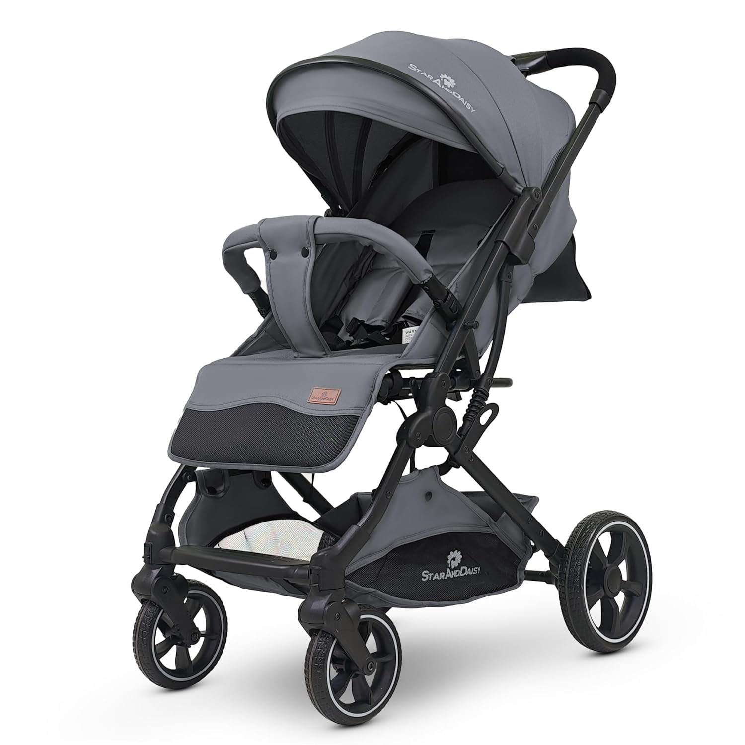 StarAndDaisy Foldable Stroller for Baby 0-3 Years Infant & Toddler / Travel Pram for Baby with Storage basket & Lockable Wheels, Multi-Level Recline & Adjustable Footrest, Removable Tray , Safety Harness Belt -Grey
