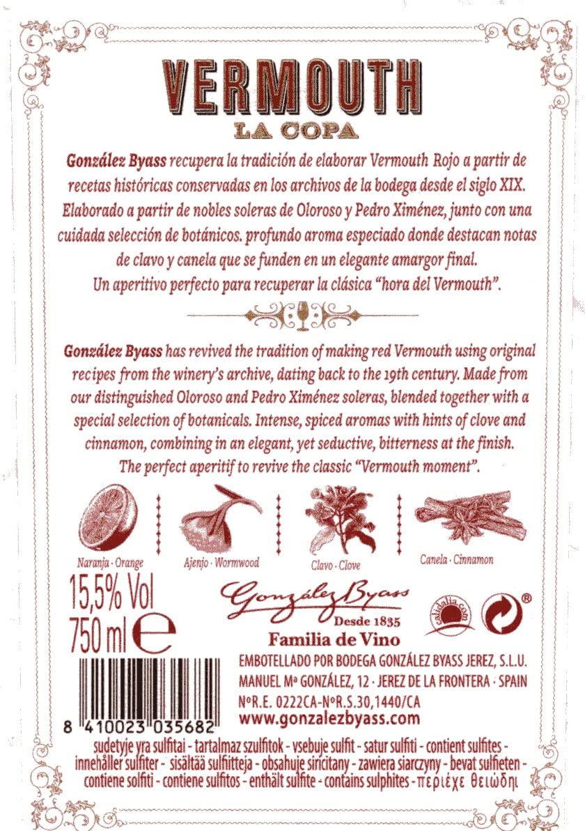 Vermouth La Copa Rojo - D.O. Jerez - 6 botellas de 750 ml - Total: 4500ml