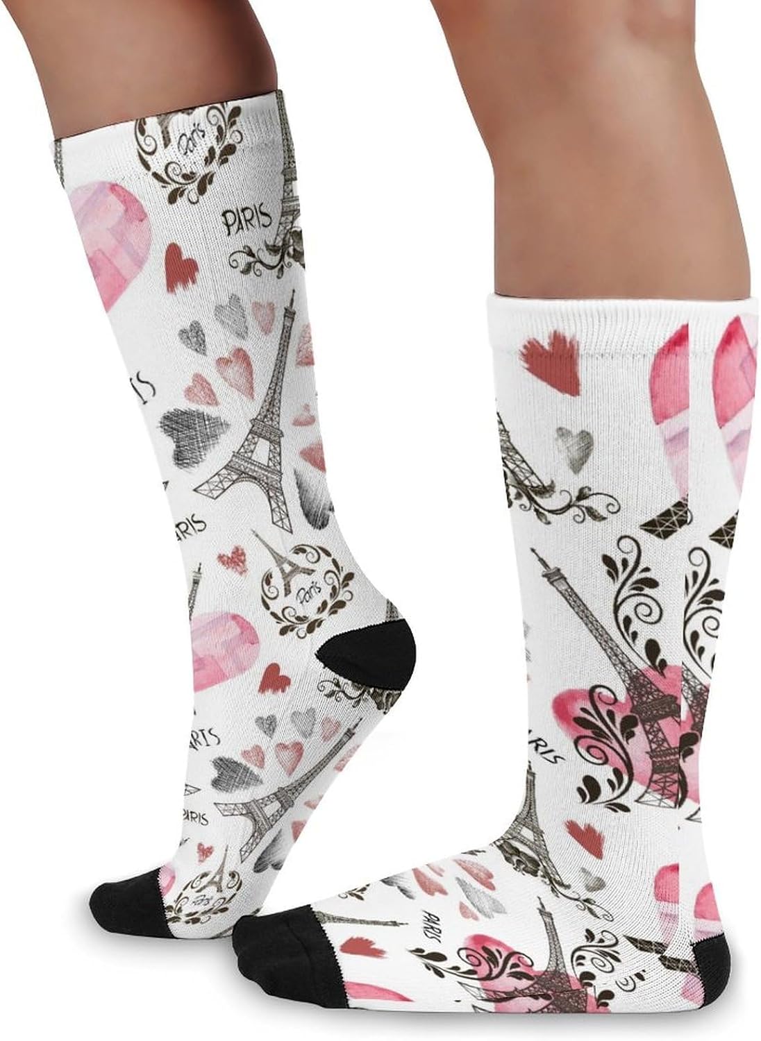 Paris-Eiffel Tower And Heart Knee High Socks Athletic Long Stockings Sport Casual Crew Tube Sock Boot 46cm