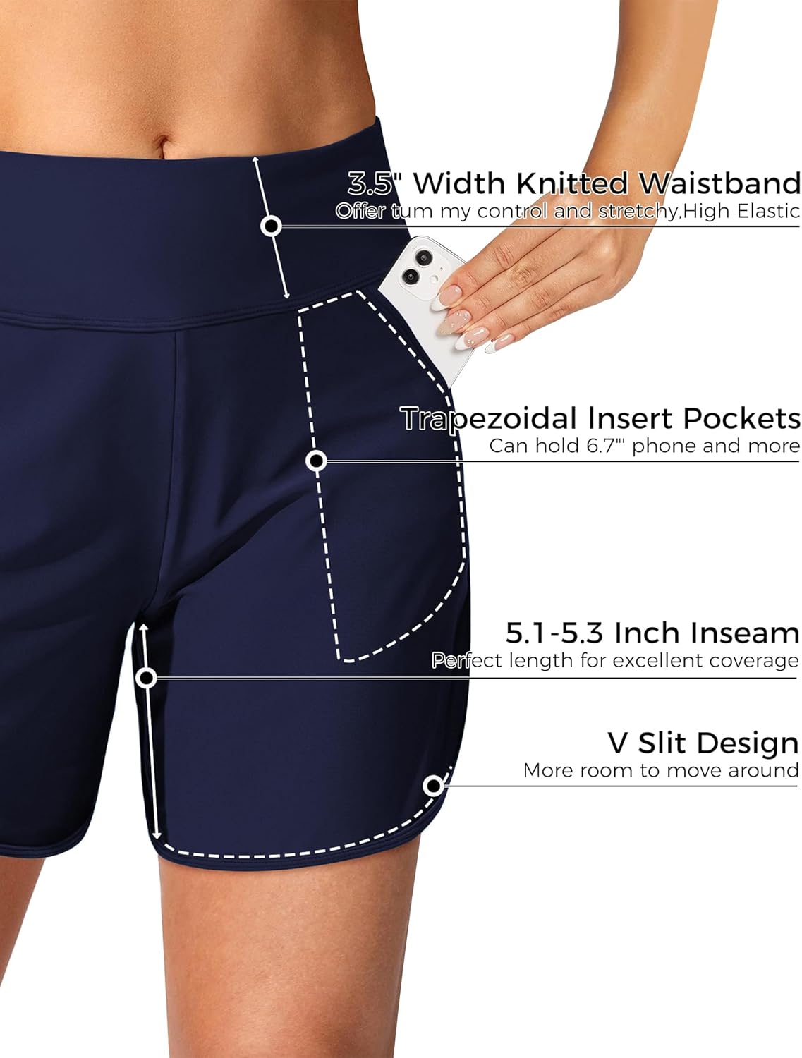 Buauty Women's 5" Swim Board Shorts Quick Dry High Waisted Swimsuits with Liner Pockets UPF 50+ Bathing Suits Bottoms Trunks Dark Blue - Image 3