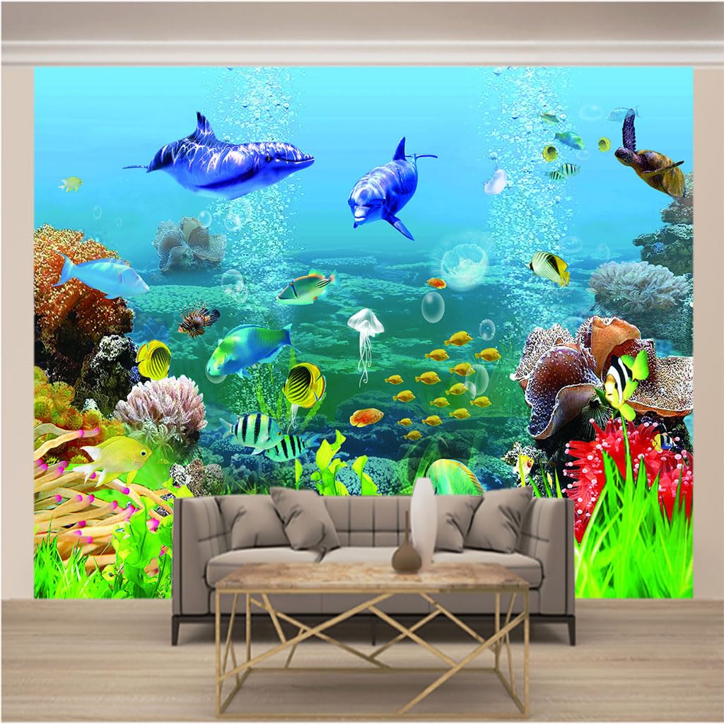 Papier peint panoramique trompe l'oeil pour agrandir un salon avec le motif 3D mer
