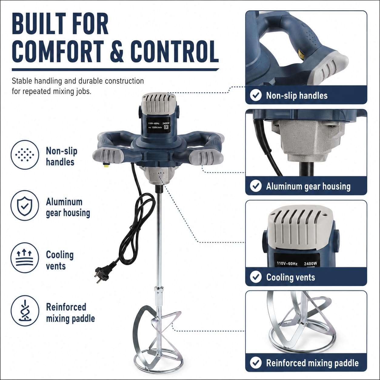 Agitatore professionale per calcestruzzo, 2400 W, miscelatore per malta a secco, 6 marce, regolabile, 1200 giri/min, miscelatore manuale