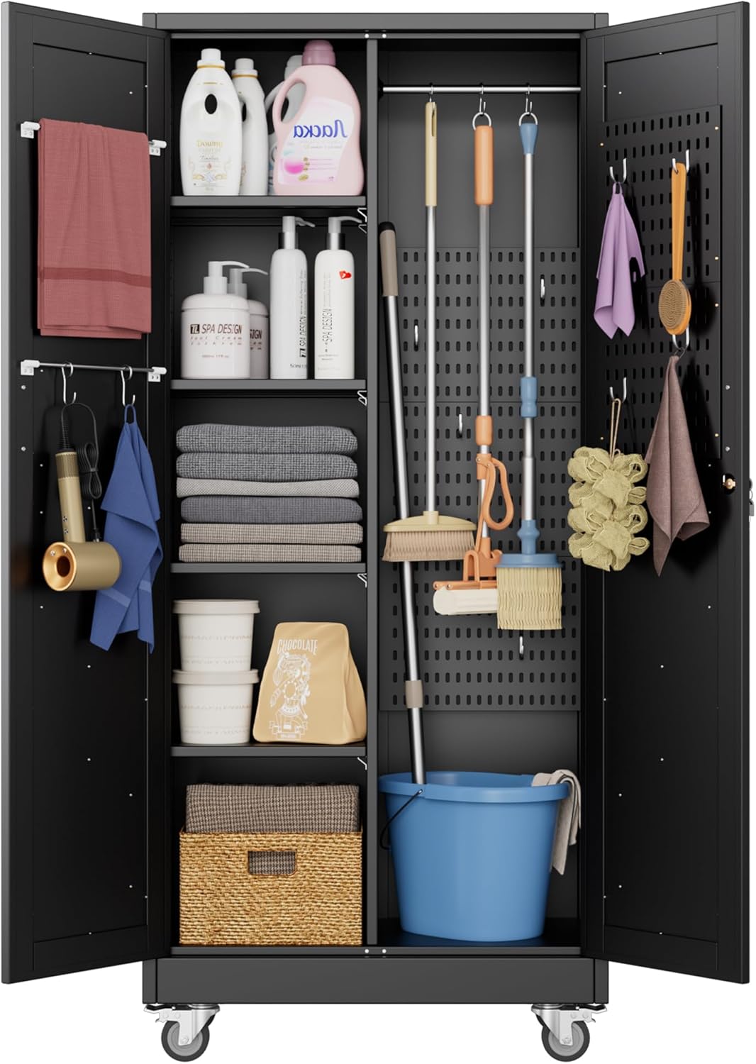 Broom closet storage cabinet with 4 shelves and wheels