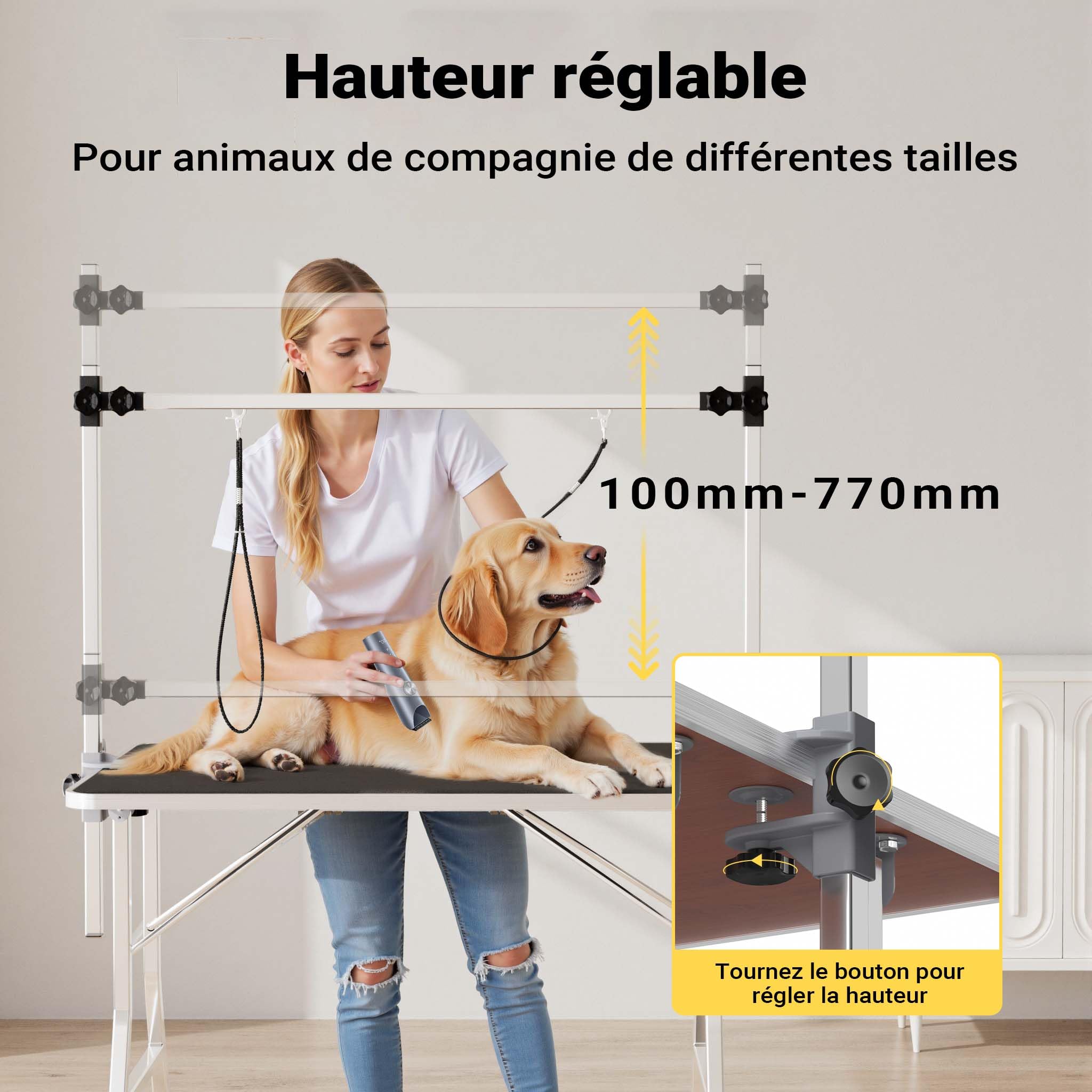 WilTec Table de toilettage canin et félin - 105 x 61,5 x 160 cm - Structure Pliable - avec 2 Sangles - Surface de toiletteur Soins Grooming pour Chiens et Chats