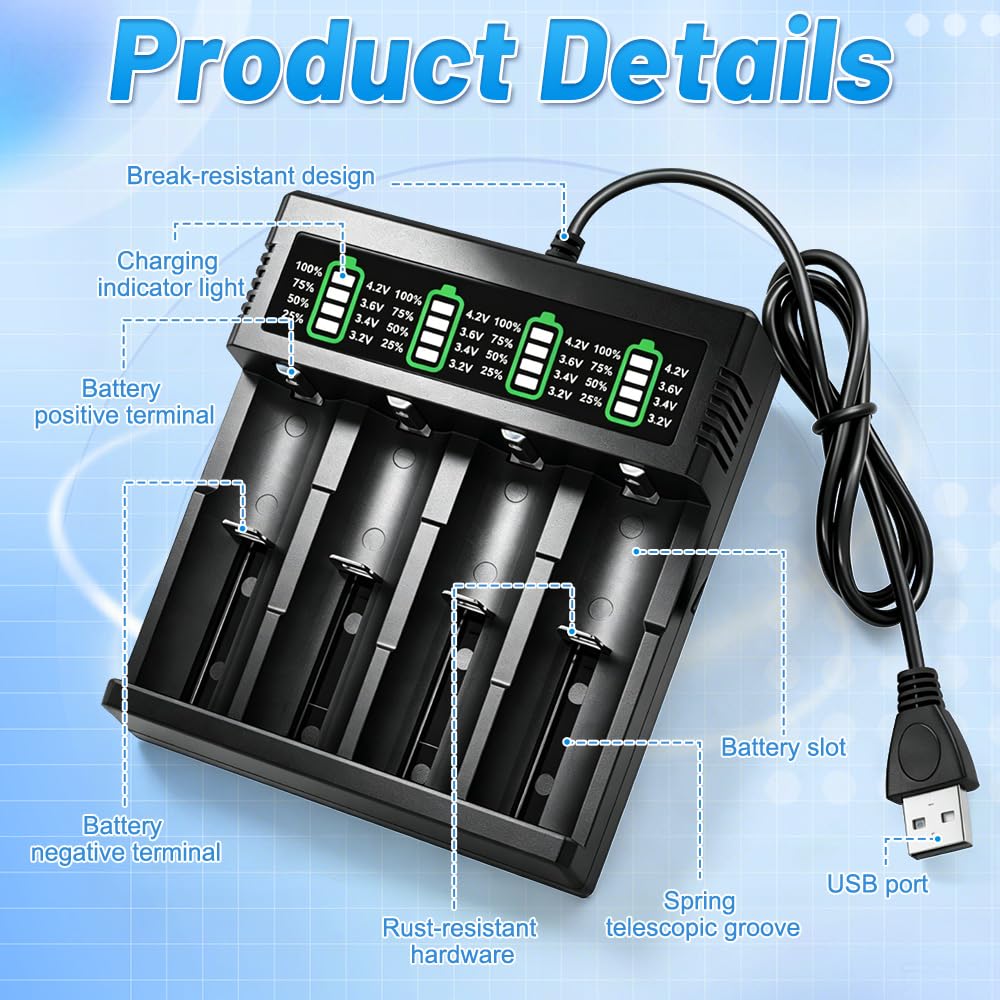 Cargador Pilas Recargables 18650, SGZIOO Cargador Pilas USB C con 4 Piezas 2200 mAh Baterías con Terminal Elevado, para 3.7V Li-Ion Recargable Batería 18650, 21700, 26650, 14500, 18500