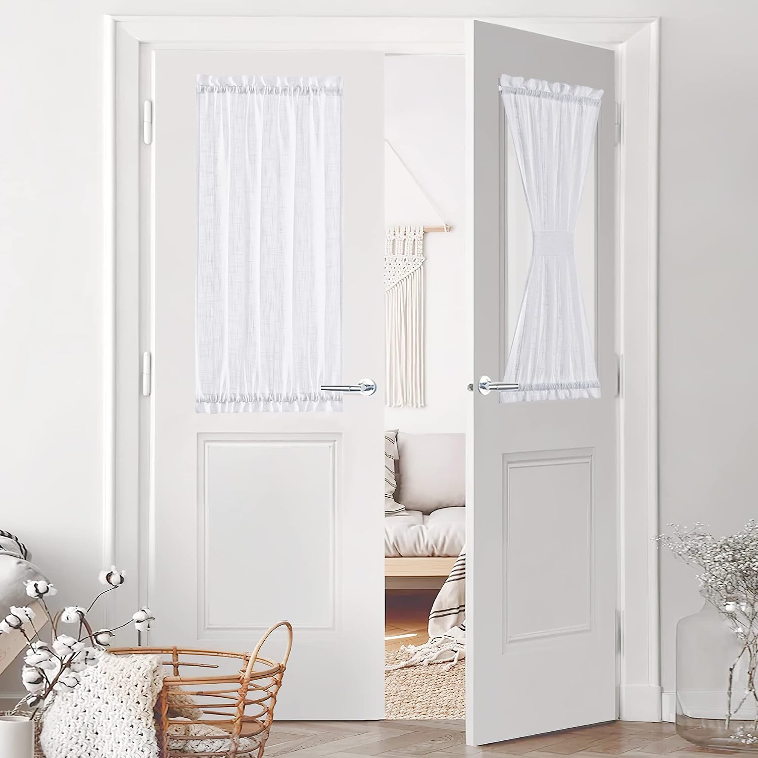RYB HOME Sidelight Panels Door Window Treatments - Semi Sheer Privacy Curtains for Front Door French Door, with Free Tiebacks, Set of 2, 30-inch Wide x 40-inch Long, White
