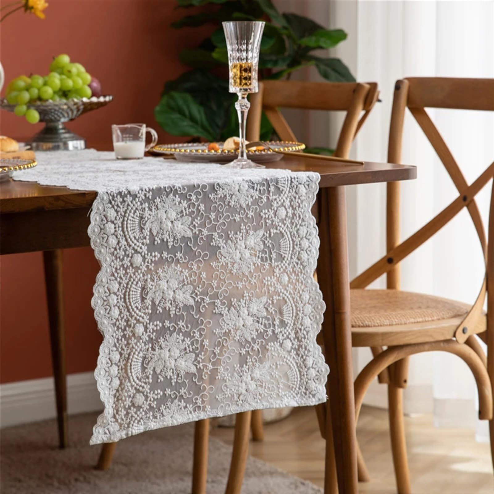 Runner da tavola in pizzo, Runner da tavolo vintage in pizzo floreale(Beige,40x300cm)