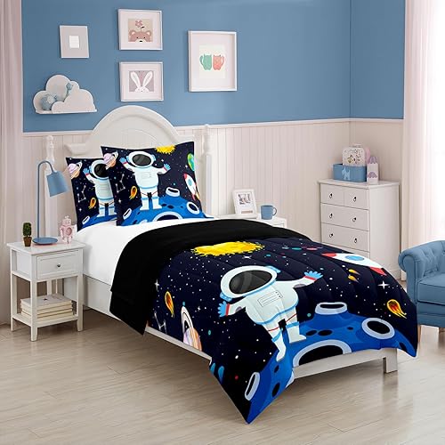 SW SETWIER Juego de ropa de cama de dibujos animados del espacio exterior, tamaño queen, galaxia planeta, astronauta, kawaii, colcha ultrasuave y