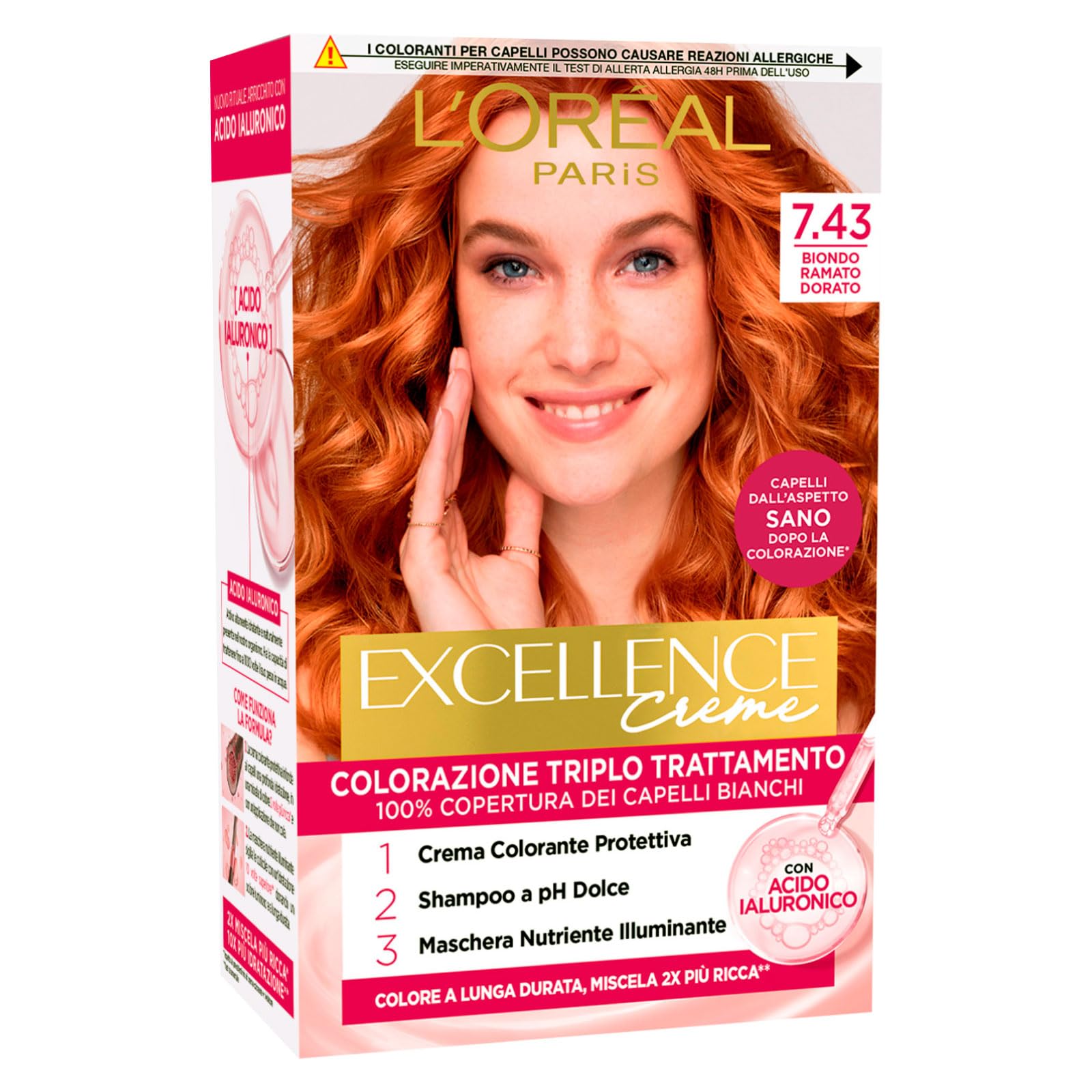 L'Oréal Paris Excellence Creme Coloration Dreifachbehandlung 7.43 Goldkupferblond 100% Abdeckung Weißes Haar Langanhaltend mit Hyaluronsäure - 5 Farben