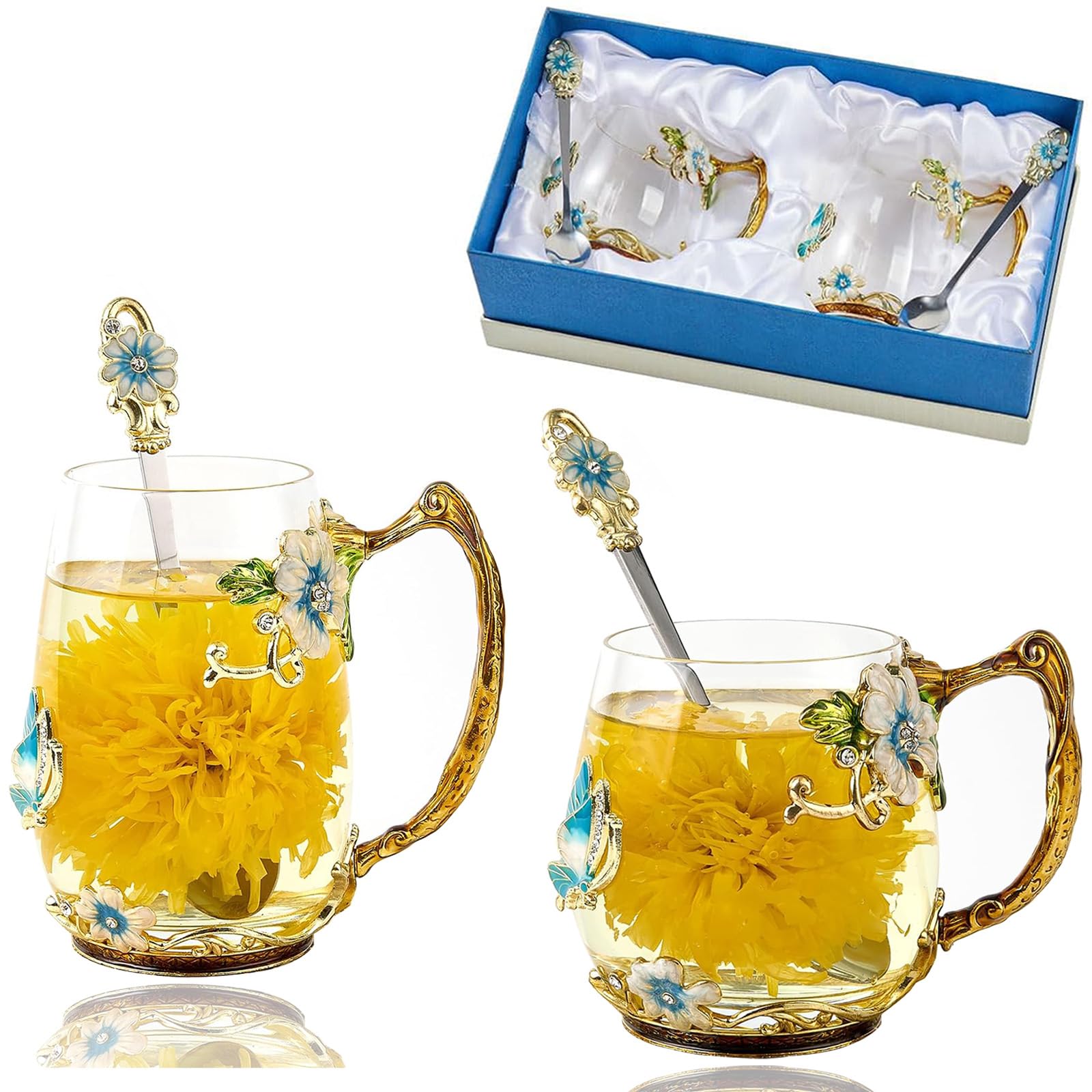 Tea Cup Glass Coffee Mugs,Fancy Tea Cup Set Birthday Gift Idea for Tea Lover and Man &amp; Women Novelty Coffee Mugs Rose Flower Enamel Cup with Spoon