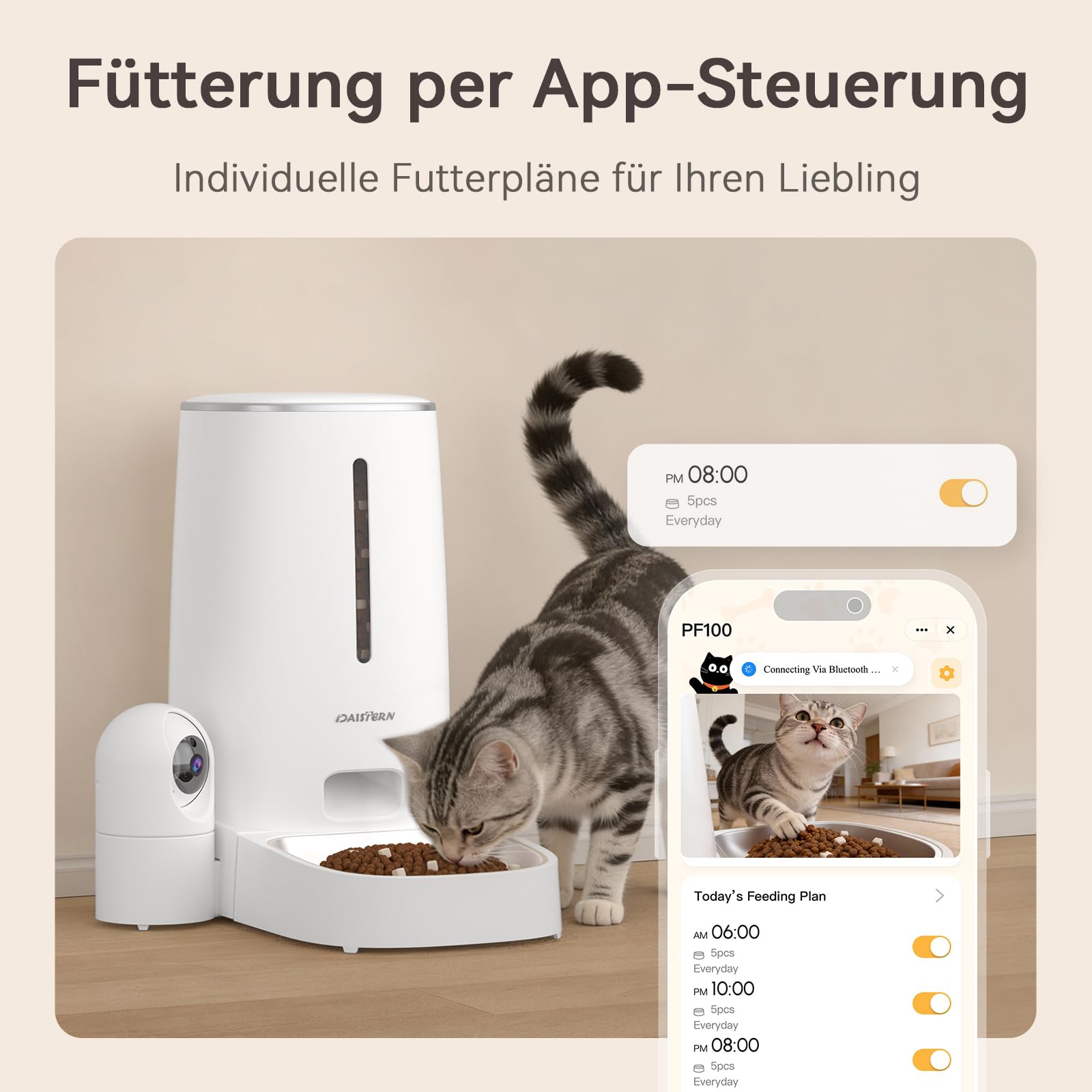 Futterautomat Katze Hunde mit Kamera 4L, Katzenfutter Automat mit 1080P HD-Video mit Nachtsicht & Zwei-Wege-Audio, Abnehmbare Kamera, 2,4G/5G WiFi App-Steuerung, KI Funktion