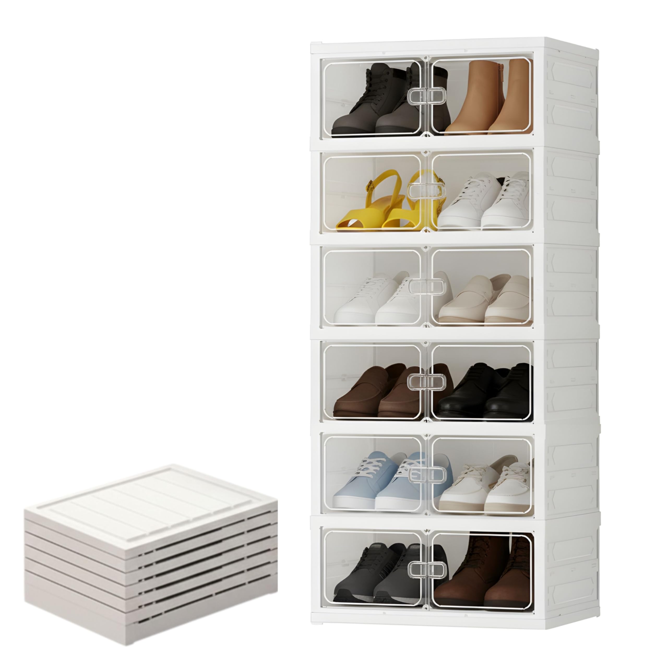 YASTA Scarpiera Moderna Salvaspazio, Mobiletto Porta Scarpe a Incastro, 6 Scomparti con Ante Trasparenti, Organizer Armadio Pieghevole, Scatole per Scarpe Impilabili, Design Modulare Salva Spazio