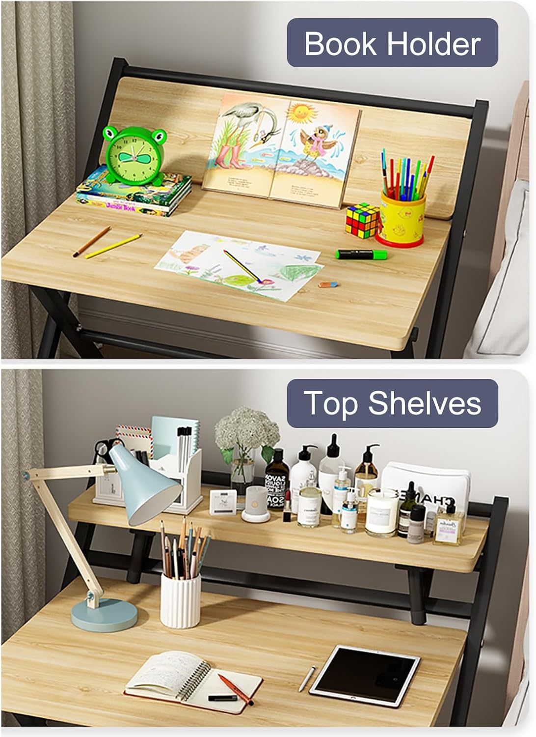 2 Tier Folding Desks No Assembly Required, Space Saving Foldable Computer Desk for Small Spaces, Study Office Desk with Shelf,Metal Frames/Wood Top (Wood 123 * 60 * 87cm)