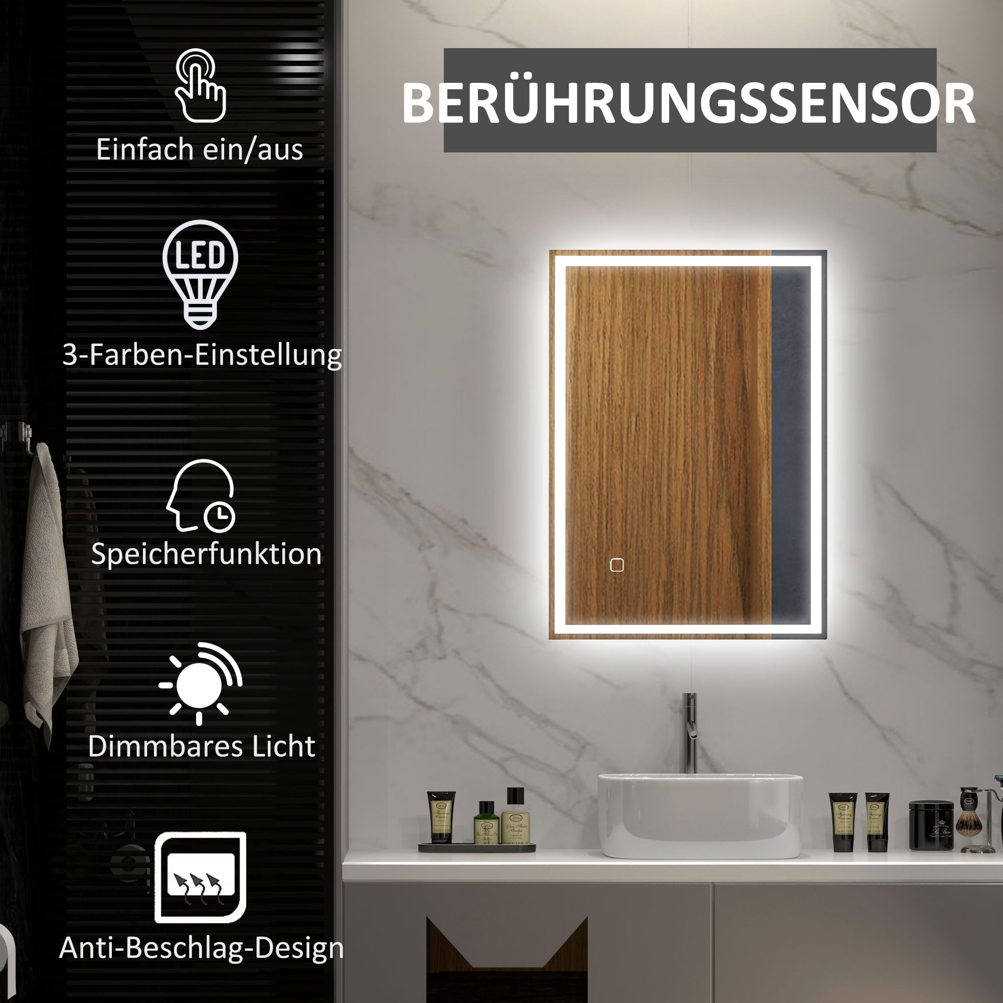HOMCOM Specchio da bagno con illuminazione, 70 x 50 cm, con funzione di memoria, specchio da parete con interruttore touch, specchio luminoso senza appannamento con 3 colori di luce bianco