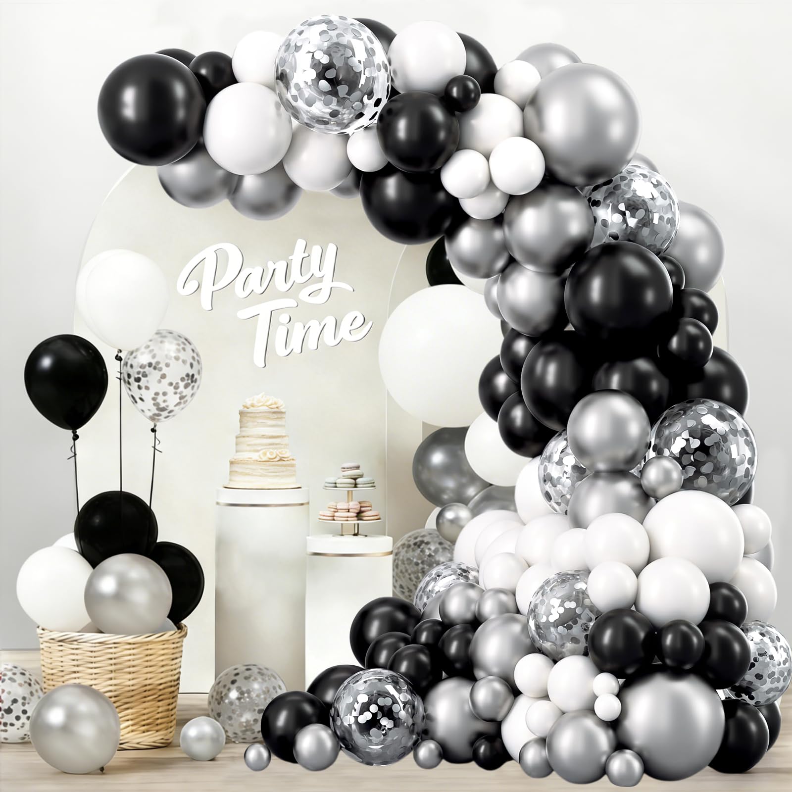 Black Silver White Balloon Arch Kit, Confetti Balloons, 103Pcs 18 12 10 5 Inch Different Sizes Balloon Garland, Latex Balloons, Perfect for Birthday, Wedding, Christmas & Hen Party Decorations