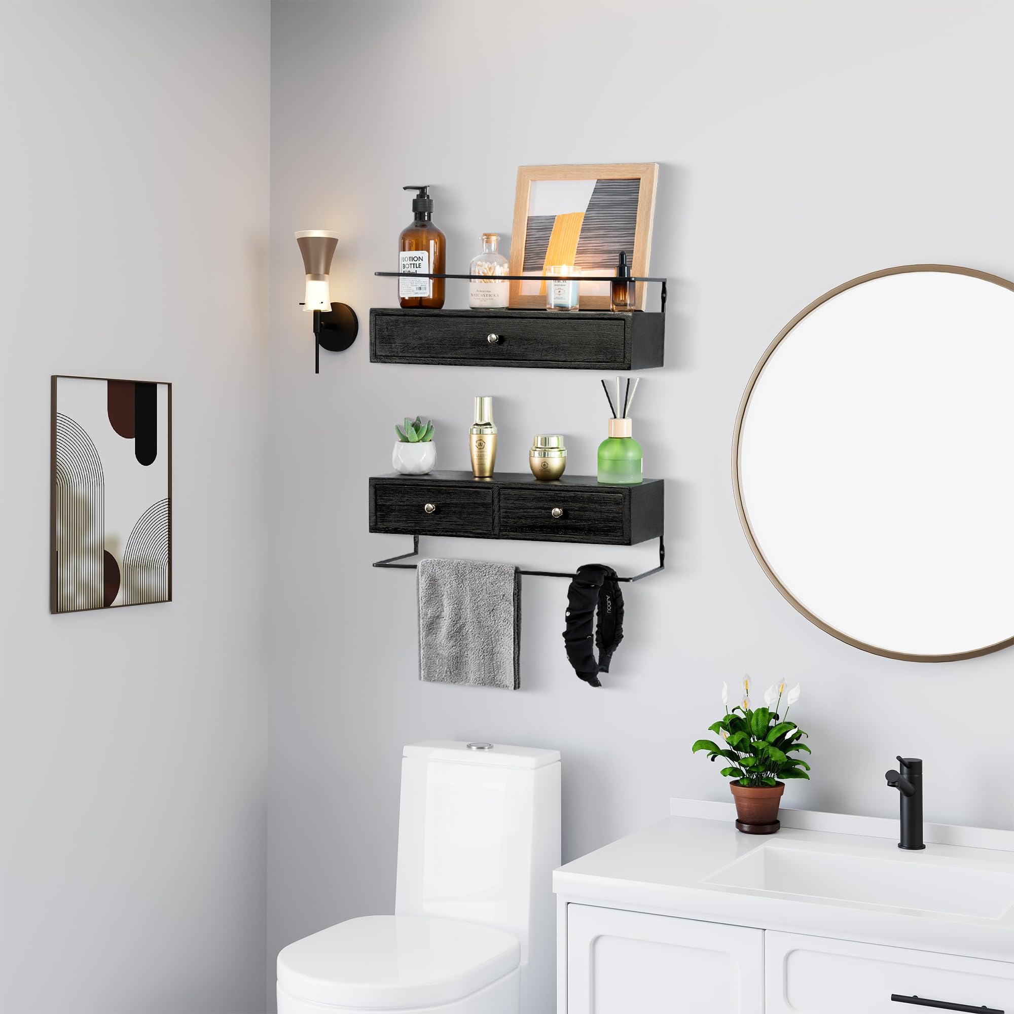 dreampossible Paquete de 2 estantes flotantes rústicos con cajón, negro, 15.8 pulgadas de largo, montaje en pared, baño, cocina, sala de estar
