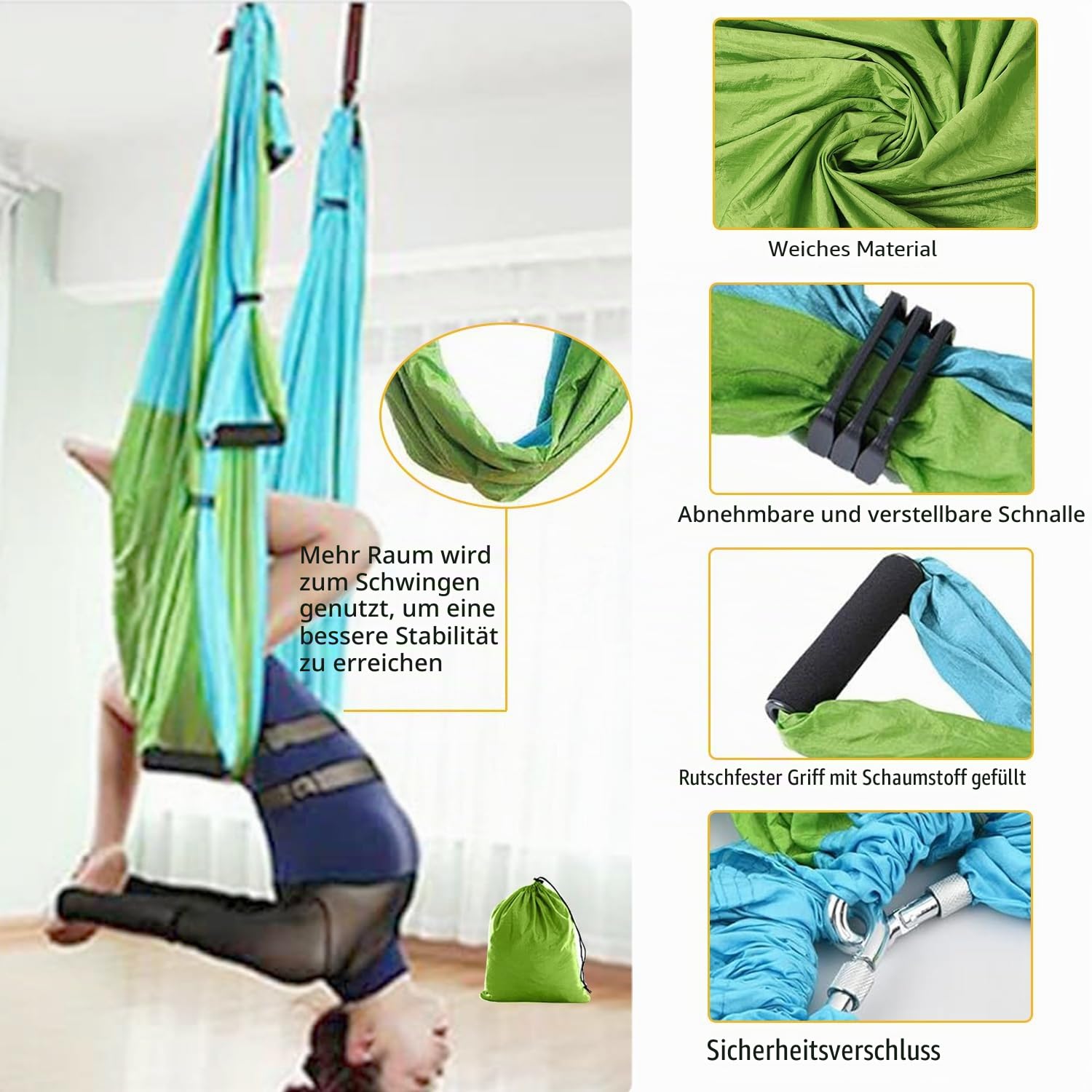 Aerial Yoga Hängematte Set, Aerial Yogatuch, Verstellbar Yoga Schaukel Tuch, Schaukeltuch, Yogatuch Zum Aufhängen für Pilates Ballett Cheerleading Gymnastik, Kapazität 200kg