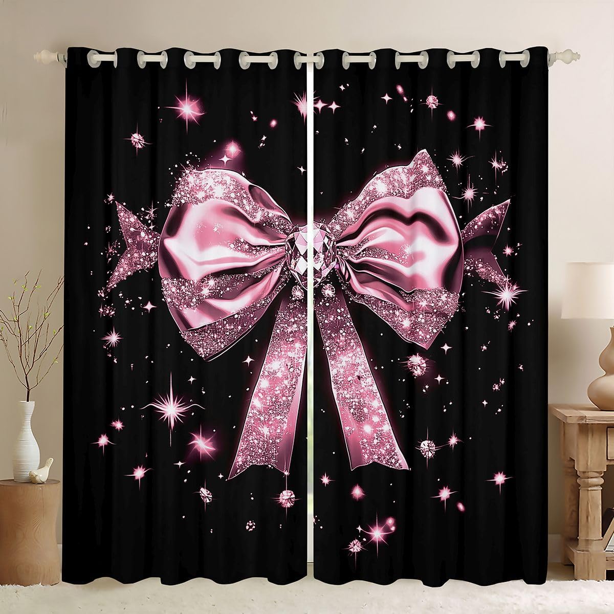 Feelyou Cartoon Bow Blackout Curtains Cute Love Heart Darkening Drapes for Bedroom Living Room Decor Pink Princess Thermal Insulated Shades Window Treatments, 2 Panels 52 x 63 Inch