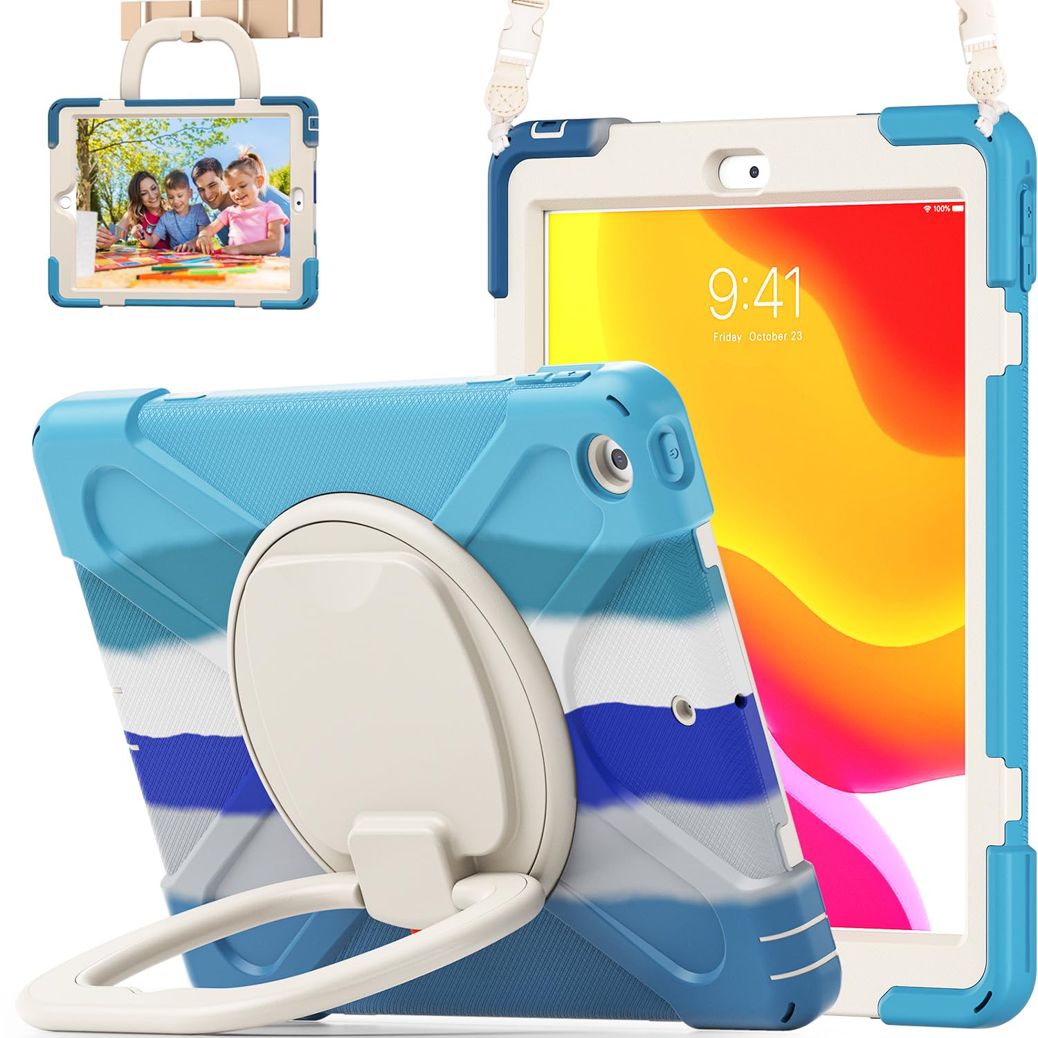 LX-SUNCX for iPad 10.2 Case 9th Generation 2021 / 8th Gen 2020 / 7th 2019,Shockproof Kids Case with Screen Protector,Rotating Stand/Pencil Holder/