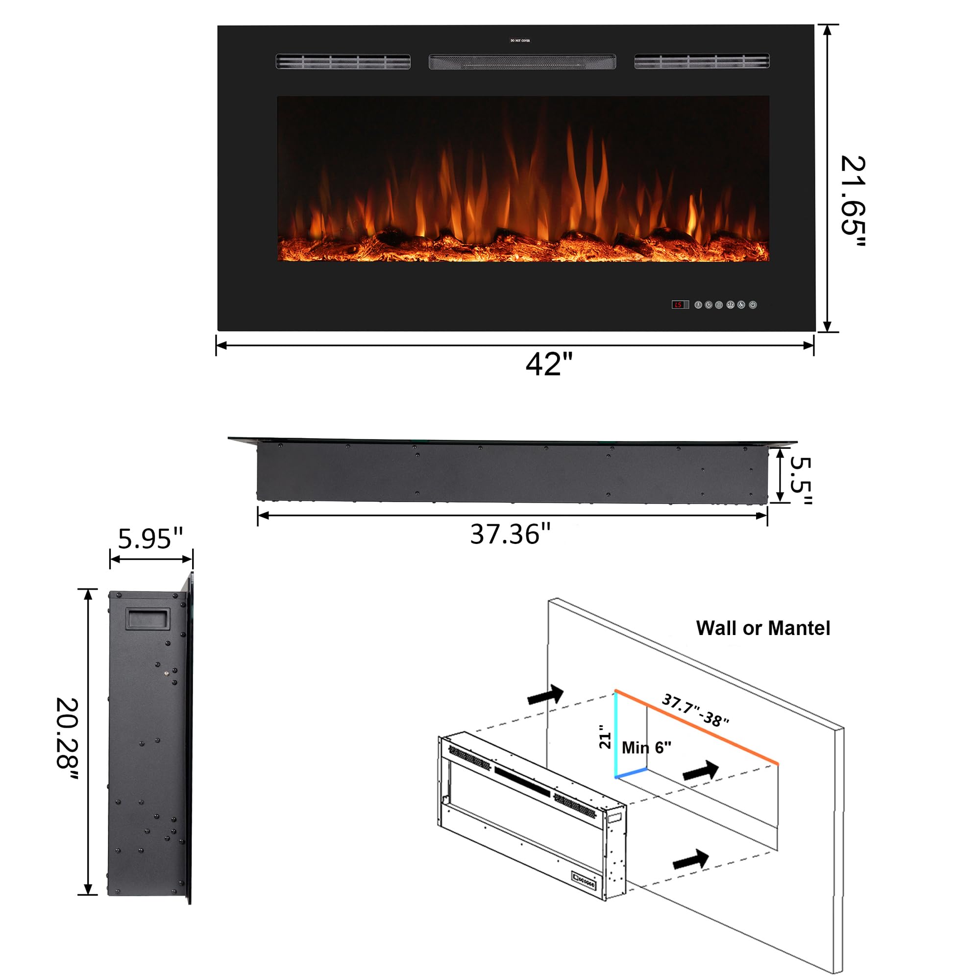 42'' Smart Electric Fireplace Inserts, Recessed & Wall Mount Electric Heater and Linear Fireplace with APP& Touch Screen &Remote Control, 62-99°F Temperature, Hard Wired & Plug in