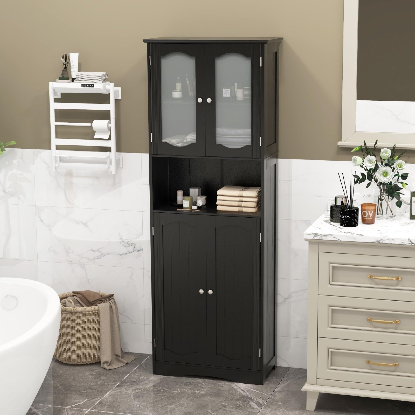 LIFEZEAL Hochschrank, Freistehender Badezimmerschrank mit Glastüren, Badschrank mit verstellbaren Regalen, Aufbewahrungs-Organizer für Küche, Wohnzimmer, Büro, 60 x 30 x 164 cm (Schwarz)