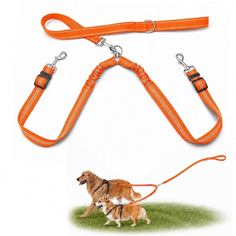 Guia dupla para cães com alça acolchoada e conector giratório 360° PUEENOD, Laranja, 80 cm