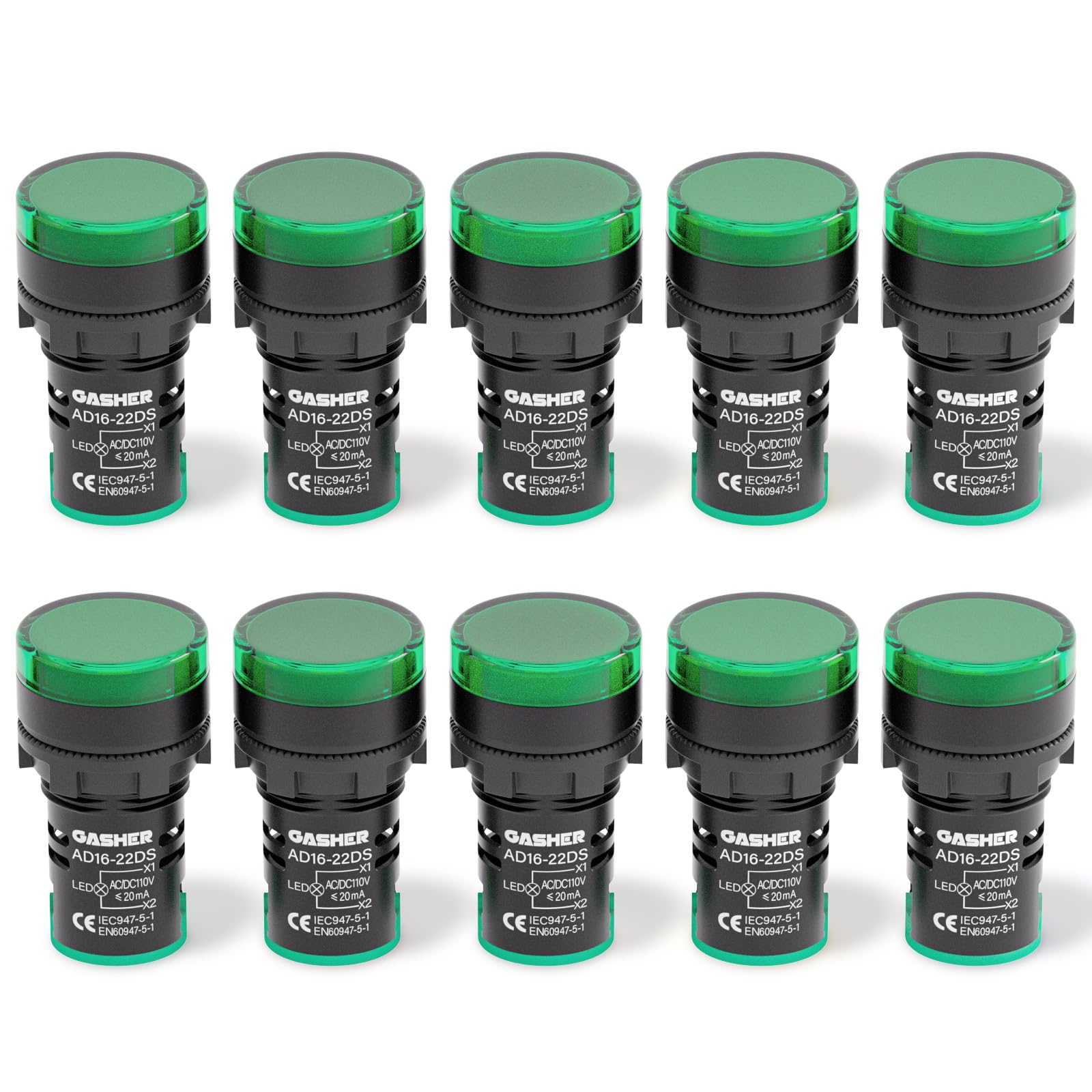 GASHER 12V/24V/110V 20mA Energy Saving Indicator Light Mounting Hole Size 22mm (7/8 Inch) Green 10 Pcs
