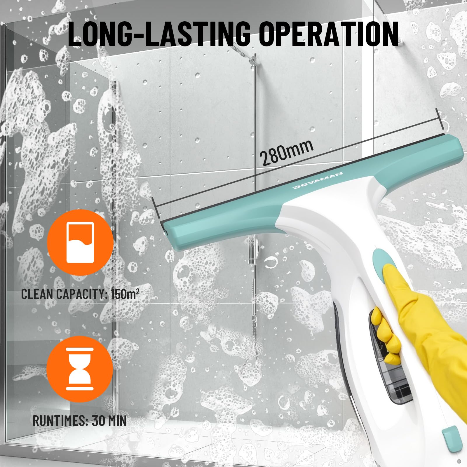 DOVAMAN WC01A Nettoyeur de Vitre, 30 Min d’Autonomie, Buse 280mm, Pulvérisateur avec 2 Microfibres, Réservoir 150ml, 150m² par Charge, 700g Lave Vitre Électrique