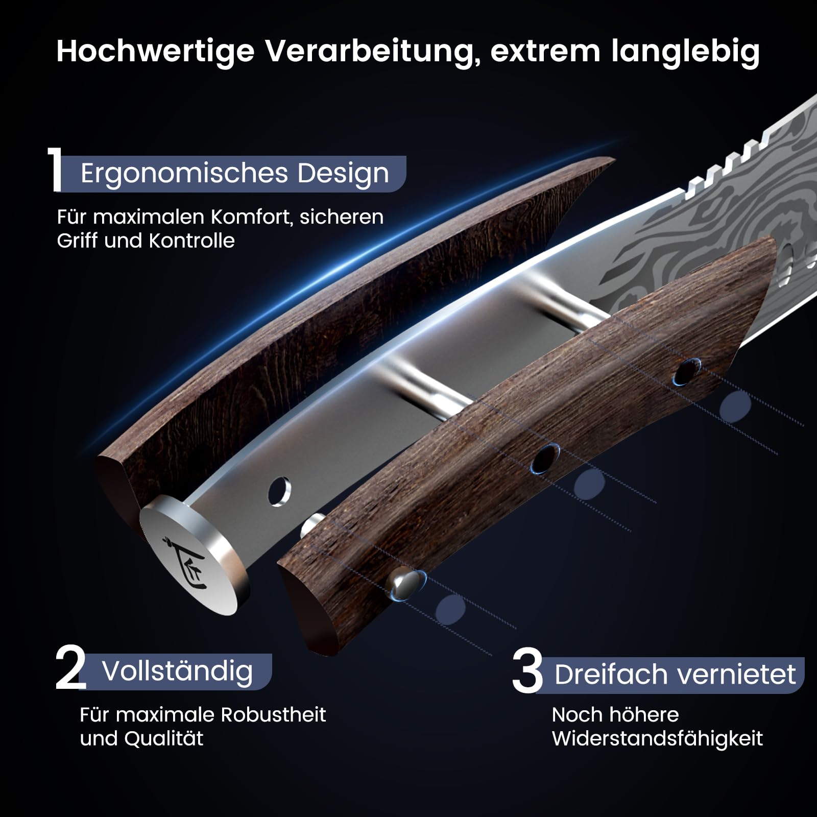 Küchenmesser Set, 3-teiliges japanisches Kochmesser Set (20,8 cm Kiritsuke, 18,3 cm Nakiri, 10,2 cm Schälmesser) für präzises Schneiden, Damastmuster, ergonomischer Holzgriff mit durchgehendem Erl
