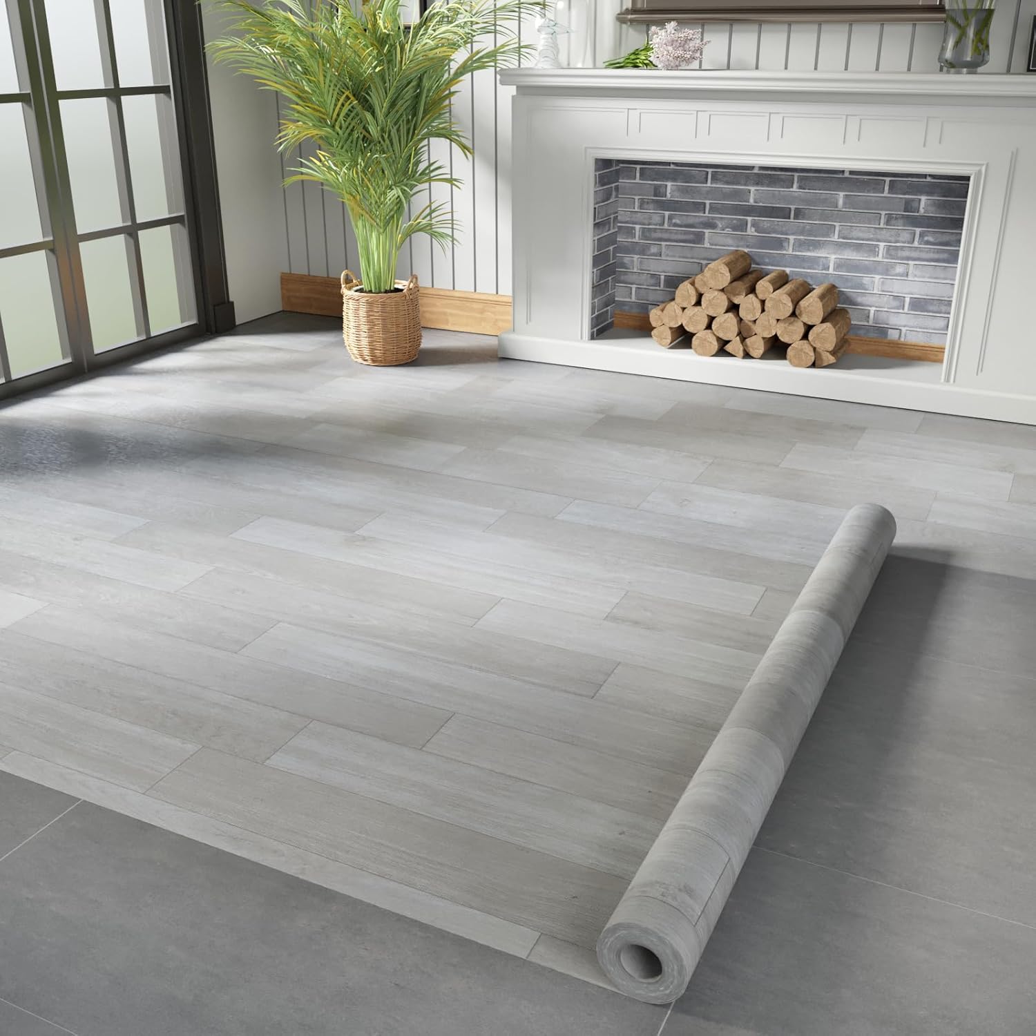 Oxdigi Vinyl Flooring Roll 107 sq.ft | 3'4"W x 32'10"L, PVC Leather-Like Linoleum Floor Covering, Waterproof Durable Heavy Vinyl, Easy to Install with Tape, Removable- No Adhesive Backing, Grey Oak