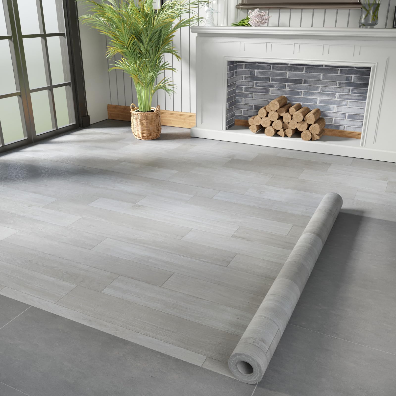 Oxdigi Vinyl Flooring Roll 53 sq.ft | 3'4"W x 16'5"L, PVC Leather-Like Linoleum Floor Covering, Waterproof Durable Heavy Vinyl, Easy to Install with Tape, Removable- No Adhesive Backing, Grey Oak