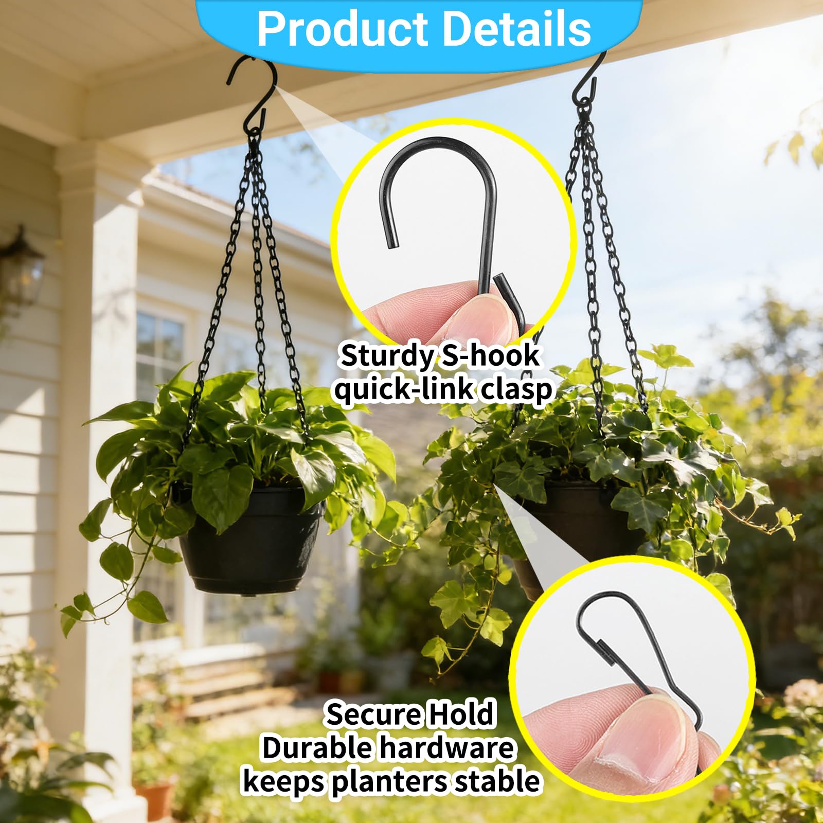 Cadenas Colgantes para macetas 6 Unidades 4x50cm y 2x25cm Negras, Ganchos y Anillas Ajustables para Colgar Plantas, faroles y comederos, Uso Interior y Exterior jardín terraza